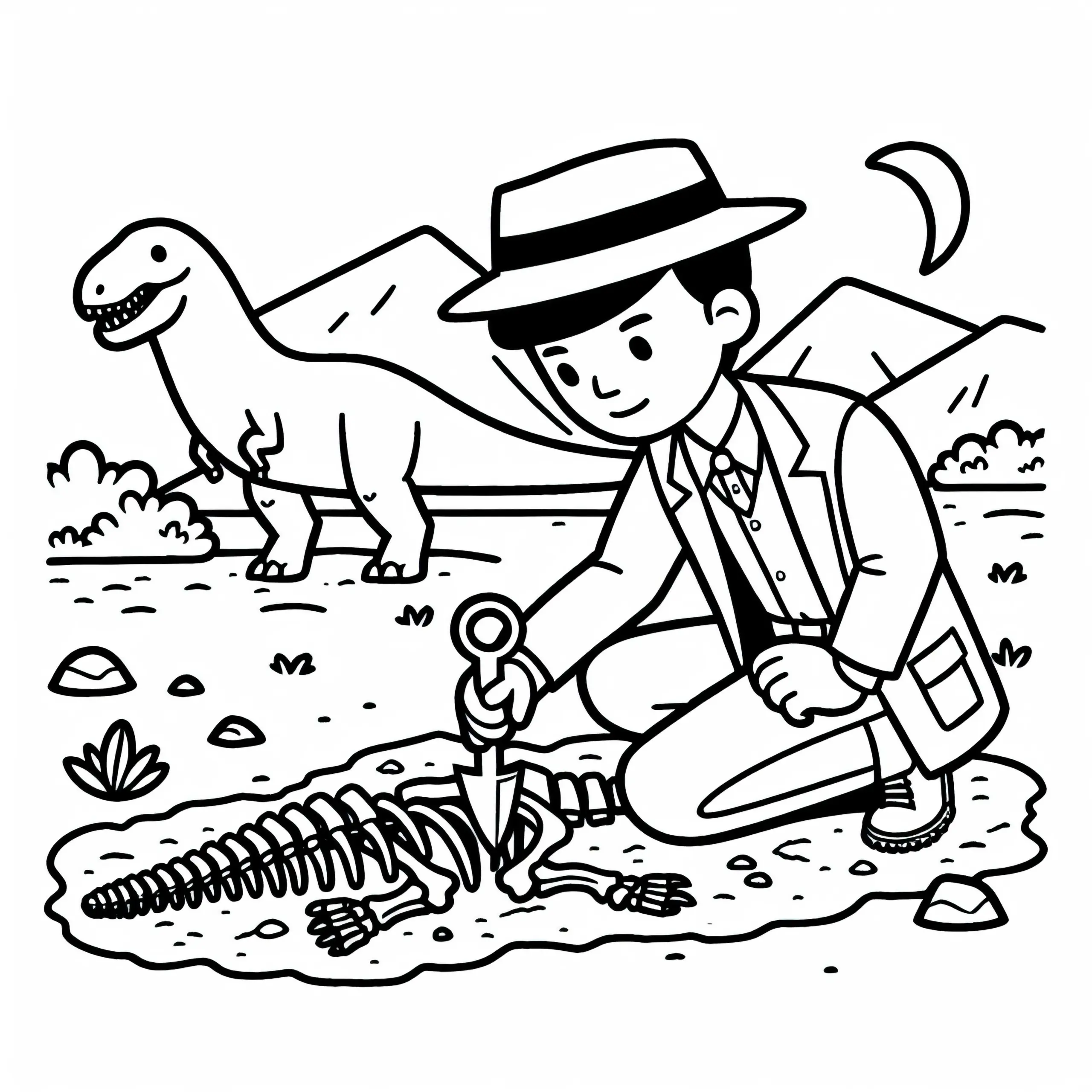 Dino-Forscher gräbt Dinosaurierknochen aus – Malvorlage Kostenlos (Ausmalbild)