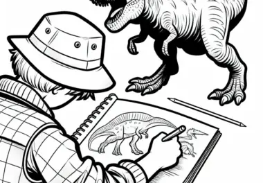 Dino-Forscher zeichnet Dinosaurier – Malvorlage gratis