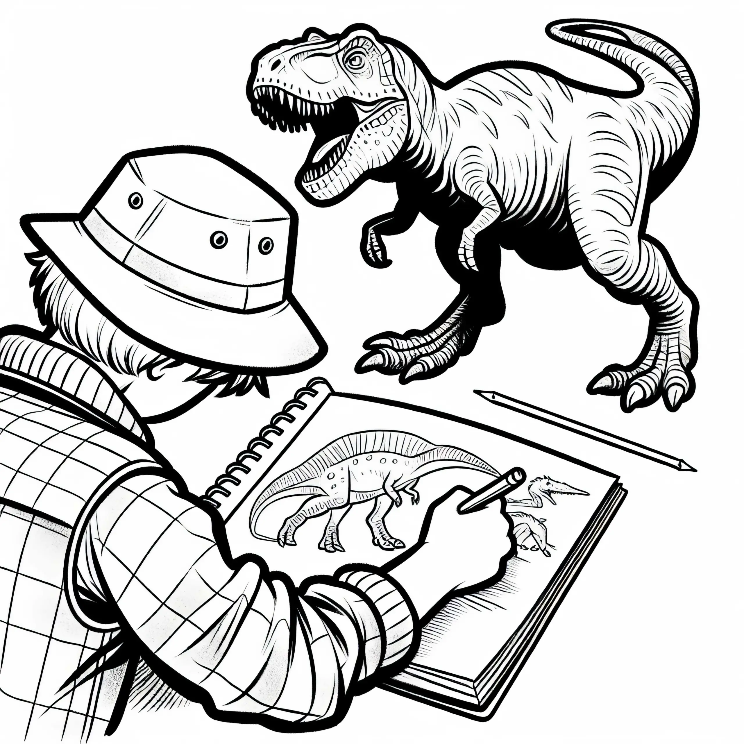 Dino-Forscher zeichnet Dinosaurier – Malvorlage gratis (Ausmalbild)
