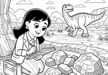 Dino-Forscherin analysiert Gesteinsschichten am Fundort – Ausmalbild kostenlos