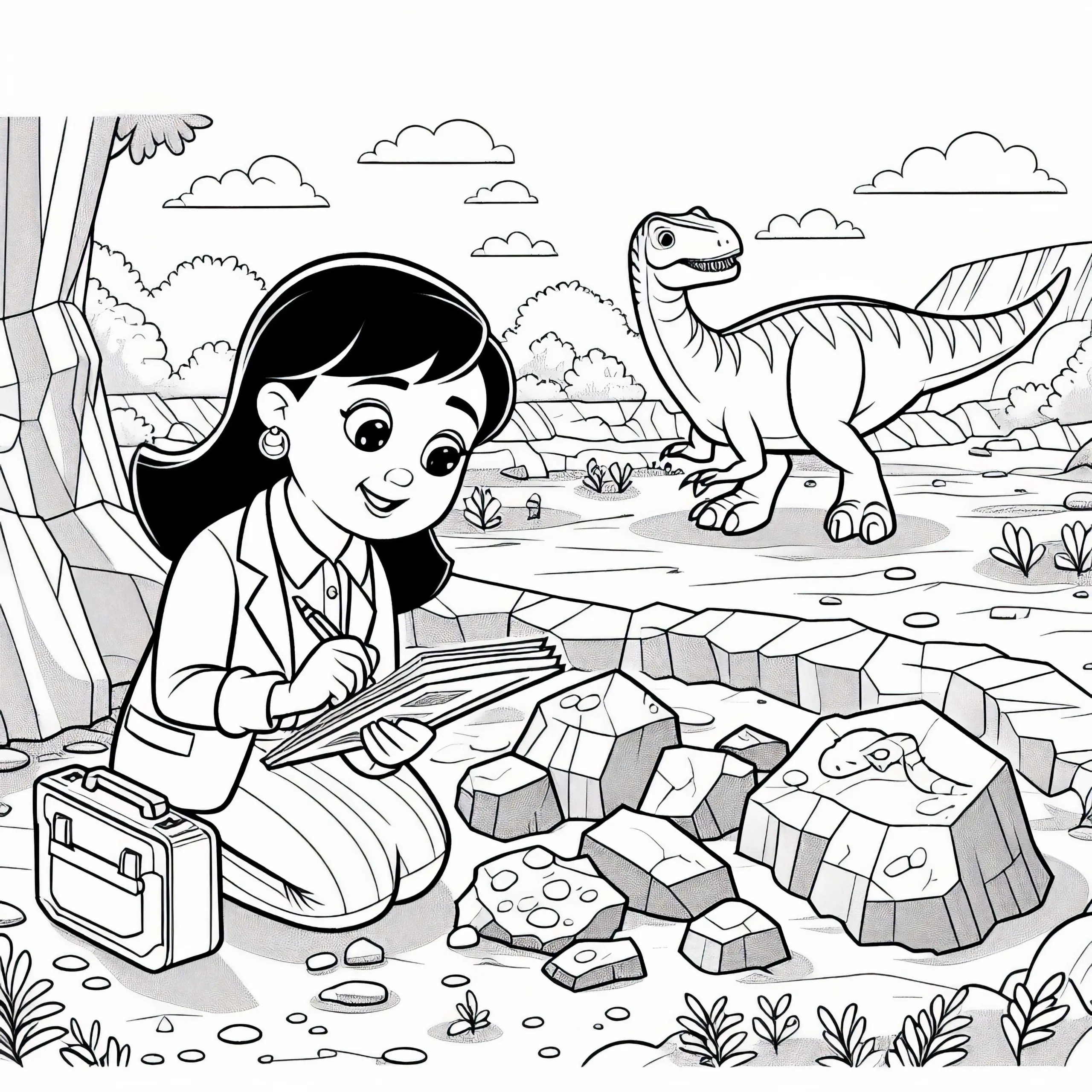 Dino-Forscherin analysiert Gesteinsschichten am Fundort – Ausmalbild kostenlos