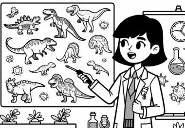 Dino-Forscherin hält Vortrag über Dinosaurierarten – Ausmalbild kostenlos