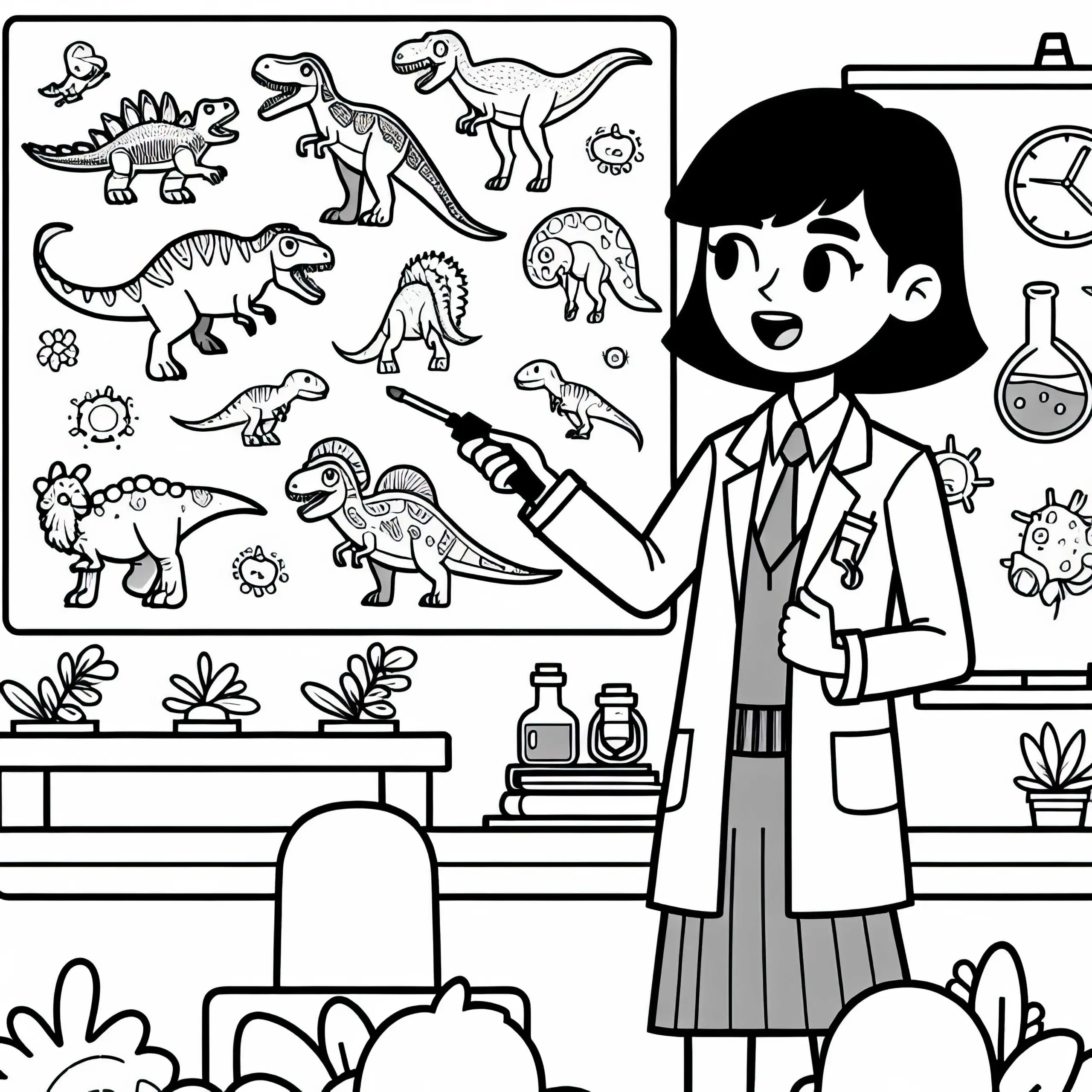 Dino-Forscherin hält Vortrag über Dinosaurierarten – Ausmalbild kostenlos