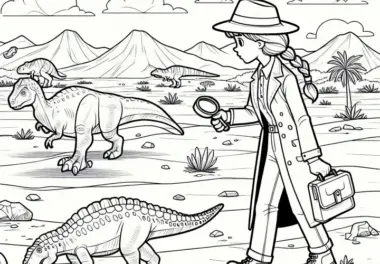 Dino-Forscherin leitet Expedition in der Wüste – Ausmalbild kostenlos