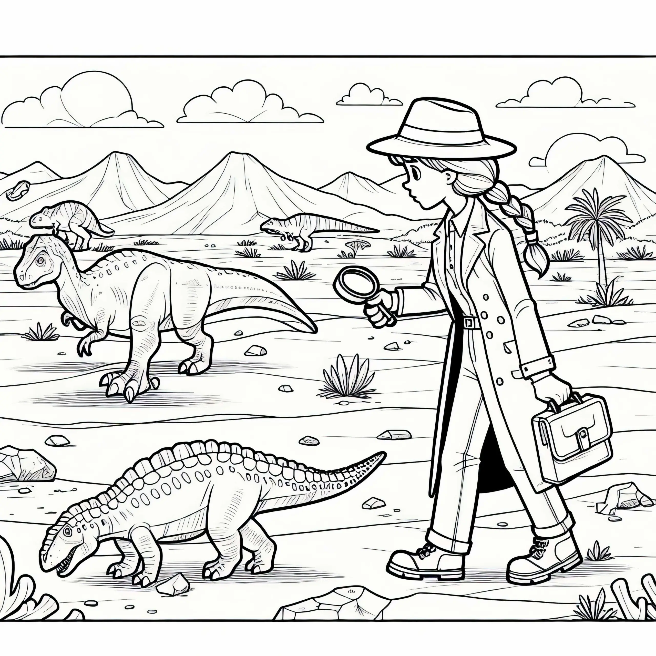 Dino-Forscherin leitet Expedition in der Wüste – Ausmalbild kostenlos