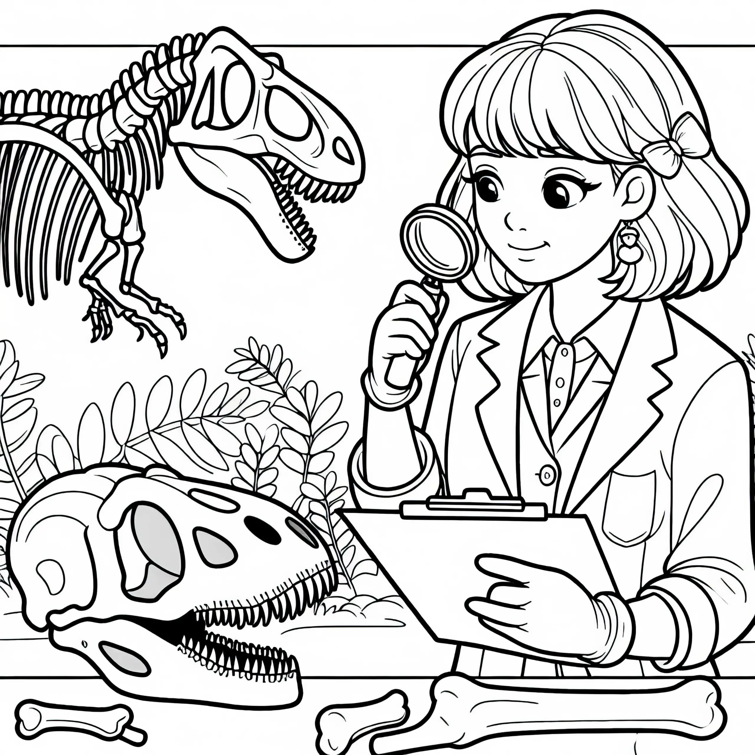 Dino-Forscherin Malvorlage Kostenlos Herunterladen (Ausmalbild)