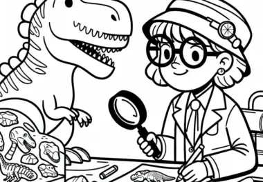 Dino-Forscherin untersucht Fossilien mit Lupe – Ausmalbild einfach kostenlos