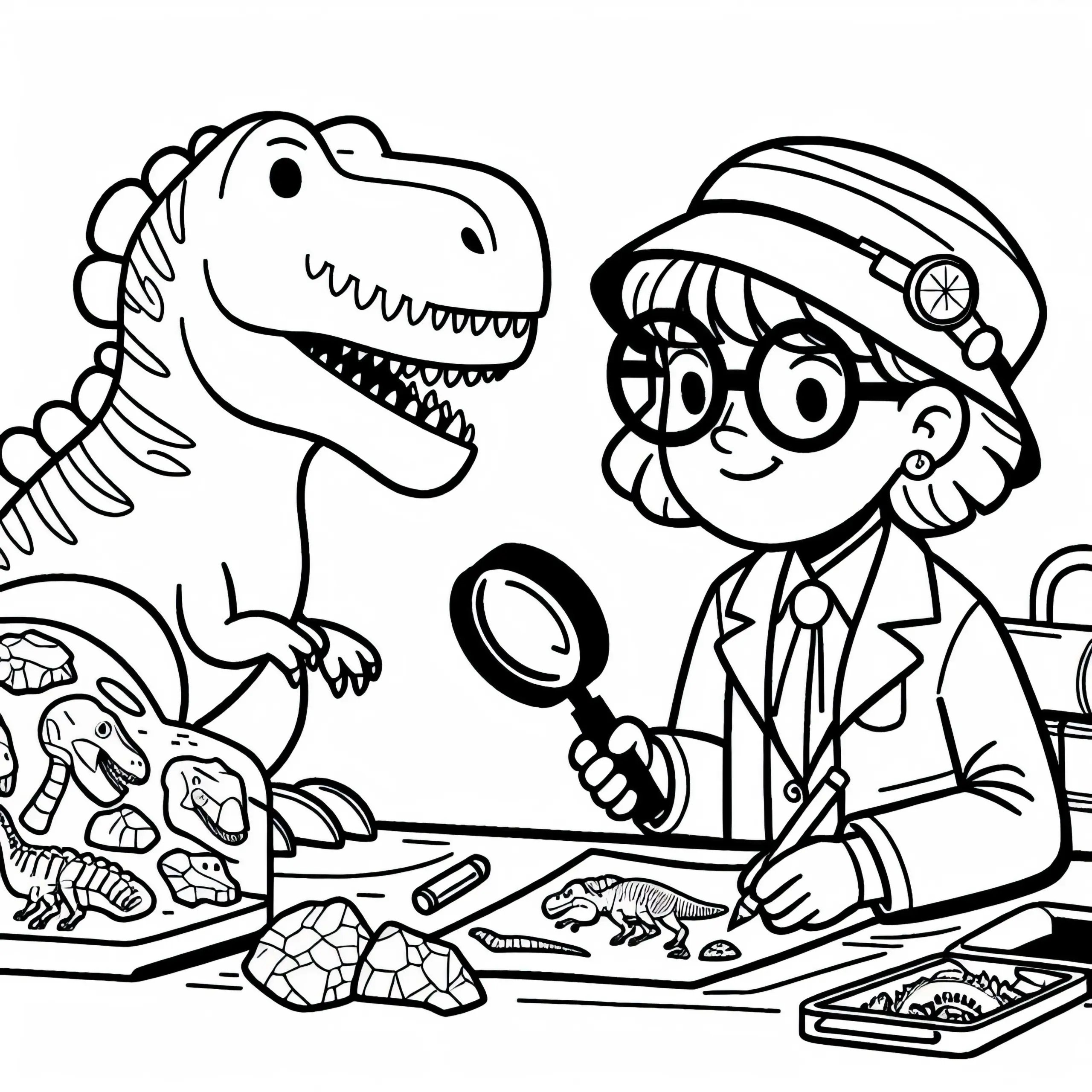 Dino-Forscherin untersucht Fossilien mit Lupe – Ausmalbild einfach kostenlos