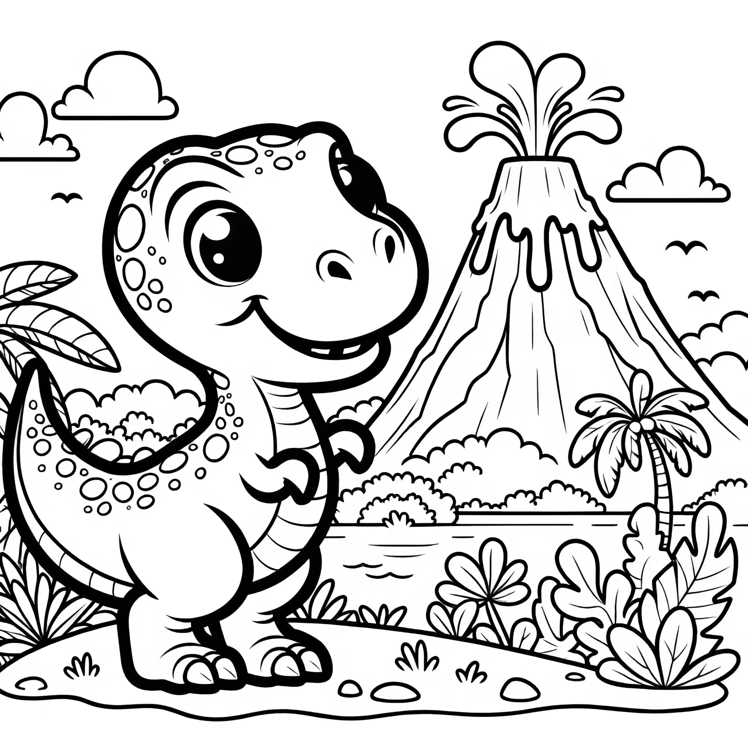 Baby-T-rex & Vulkan: Ausmalbild zum Download