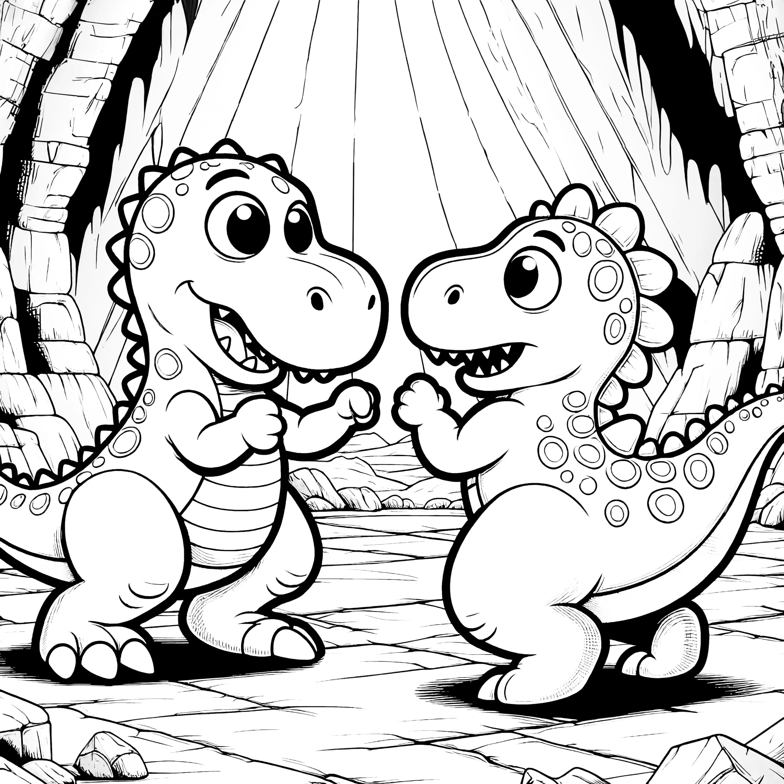 Zwei kleine Dinos kämpfen in Höhle: gratis Ausmalbild