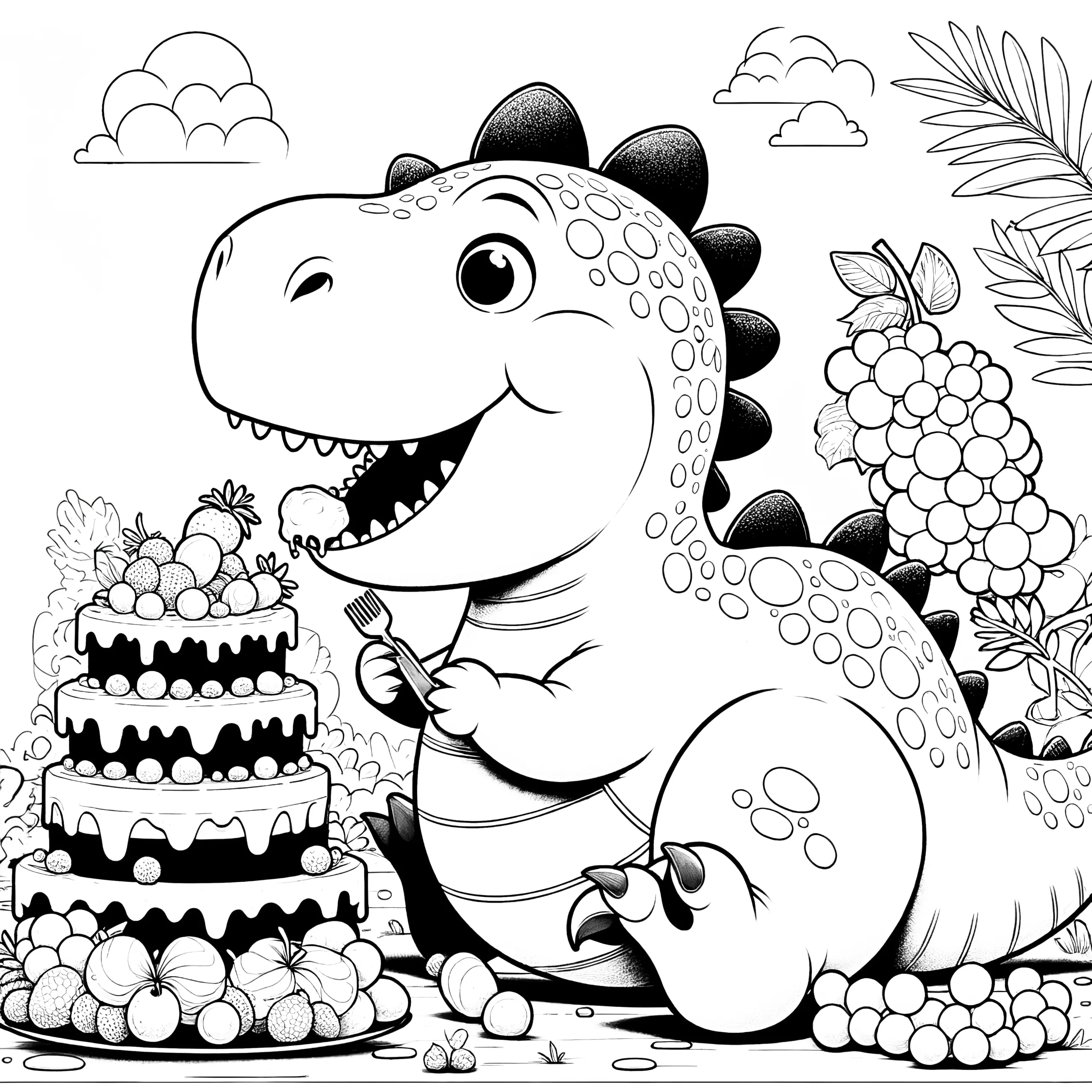 Dinosaurier mit Torte & Weintrauben – Ausmalbild