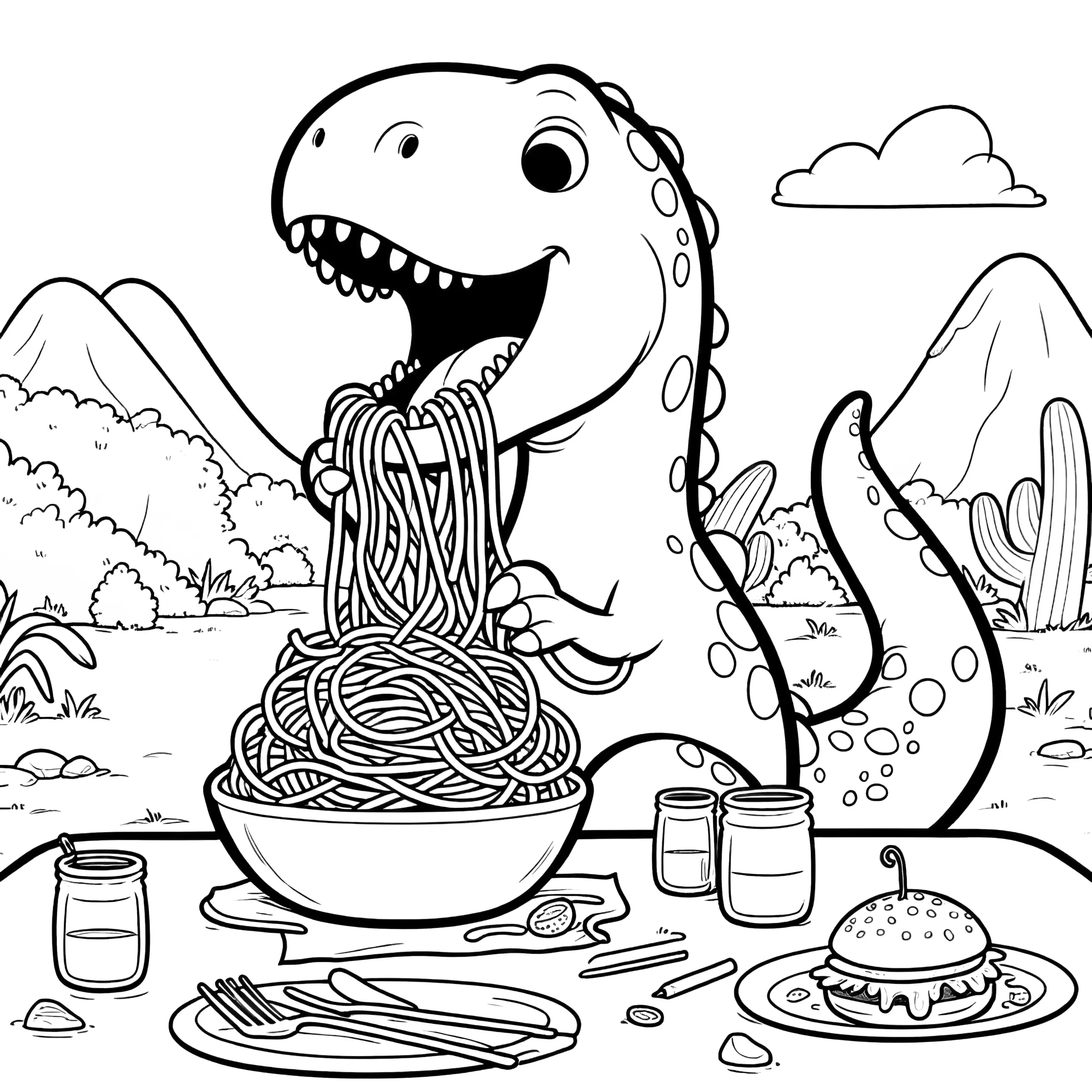 Dinosaurier mit Spaghetti am Esstisch zum Ausmalen (Ausmalbild)