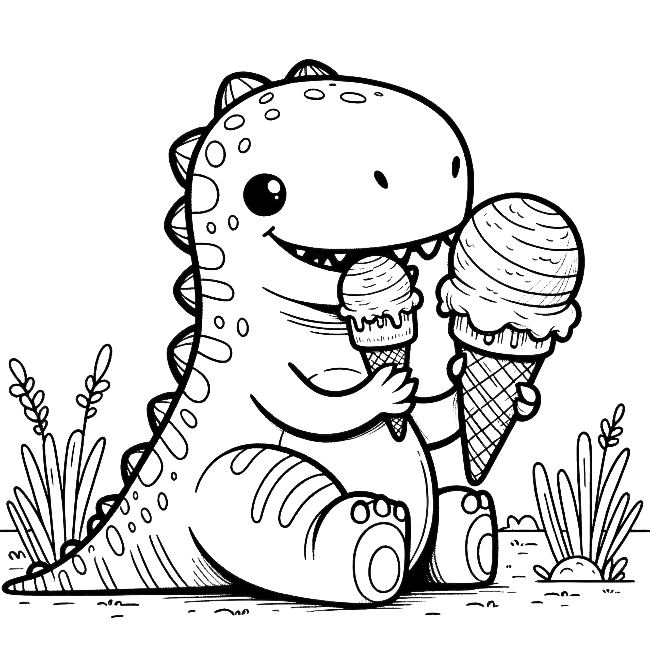 Kleiner Dinosaurier mit Eiscreme – einfaches Ausmalbild