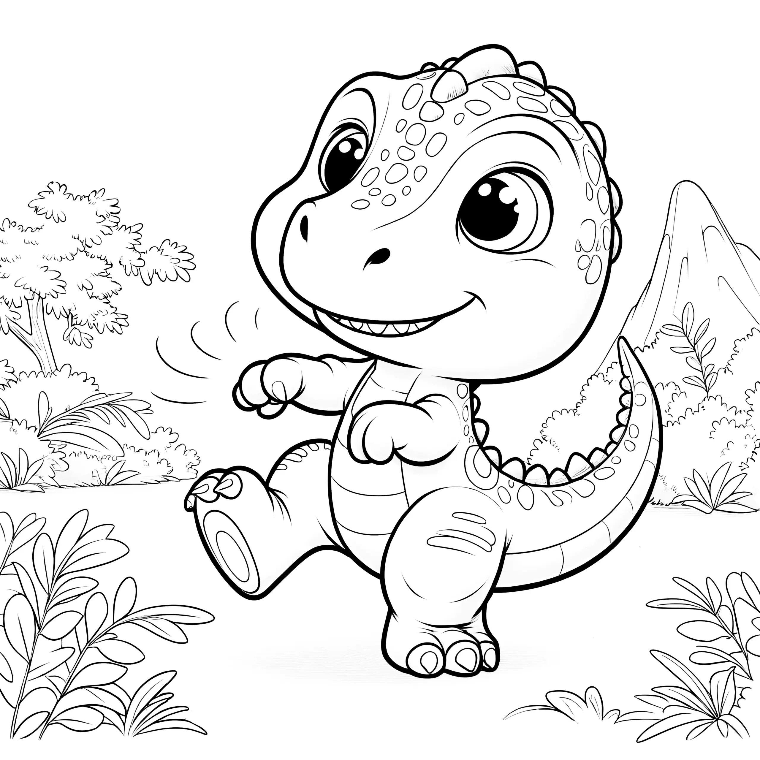 Baby-Dinosaurier kämpft im grünen Tal (Ausmalbild)