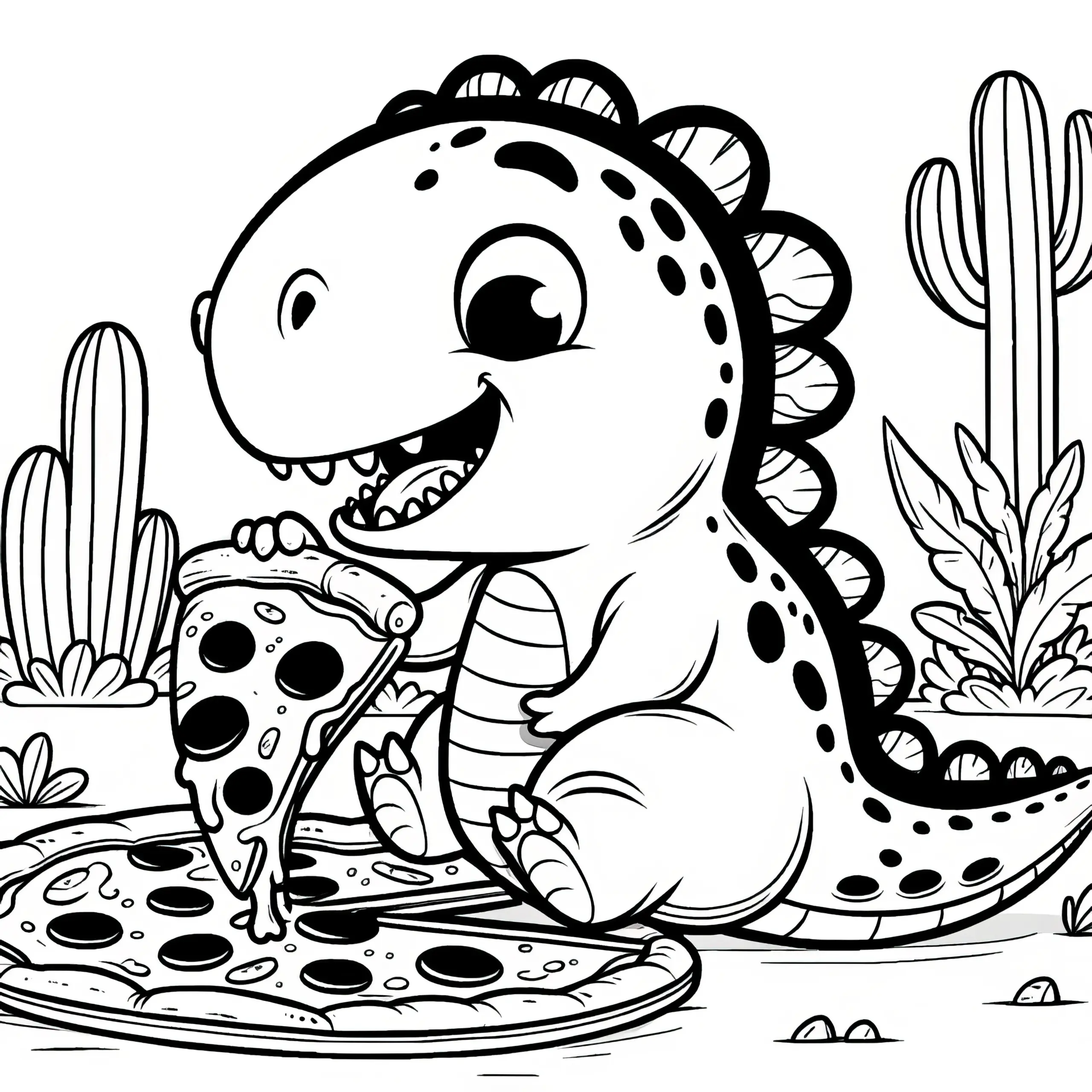 Süßer Dinosaurier beim Pizzaessen – einfache Malvorlage (Ausmalbild)
