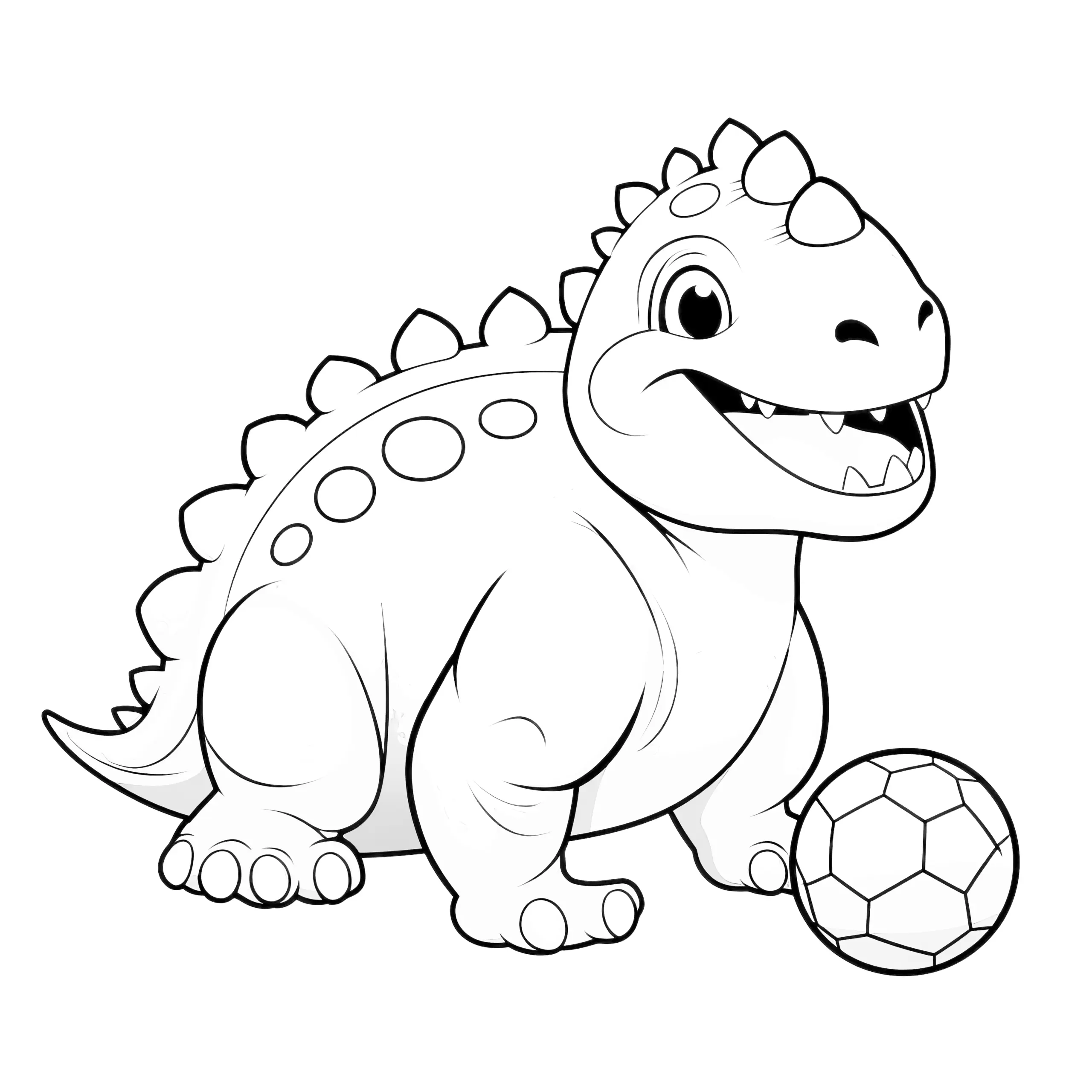 Fröhlicher Dinosaurier beim Spielen mit einem Ball (Ausmalbild)