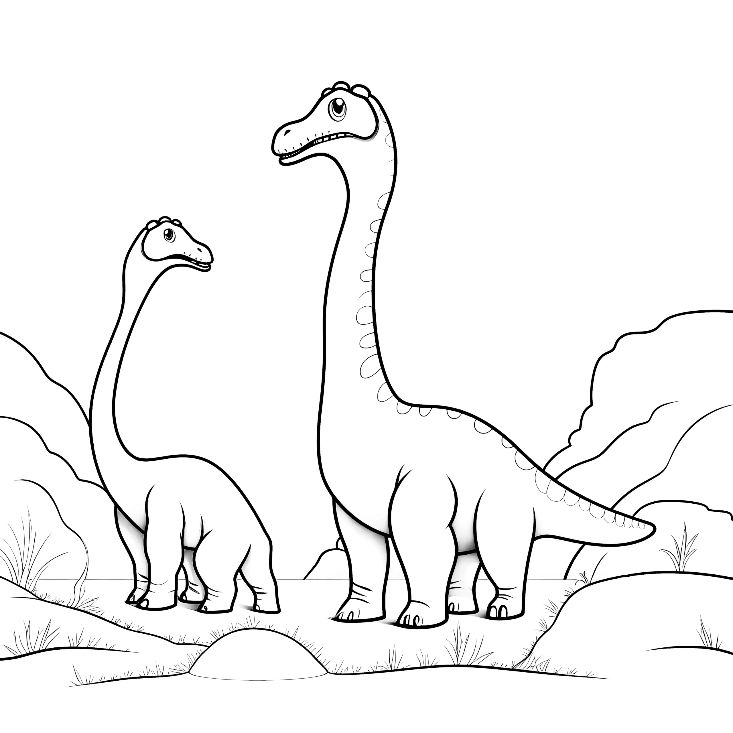 Kostenlos: Zwei Langhals-Dinosaurier beim Spielen (Ausmalbild)