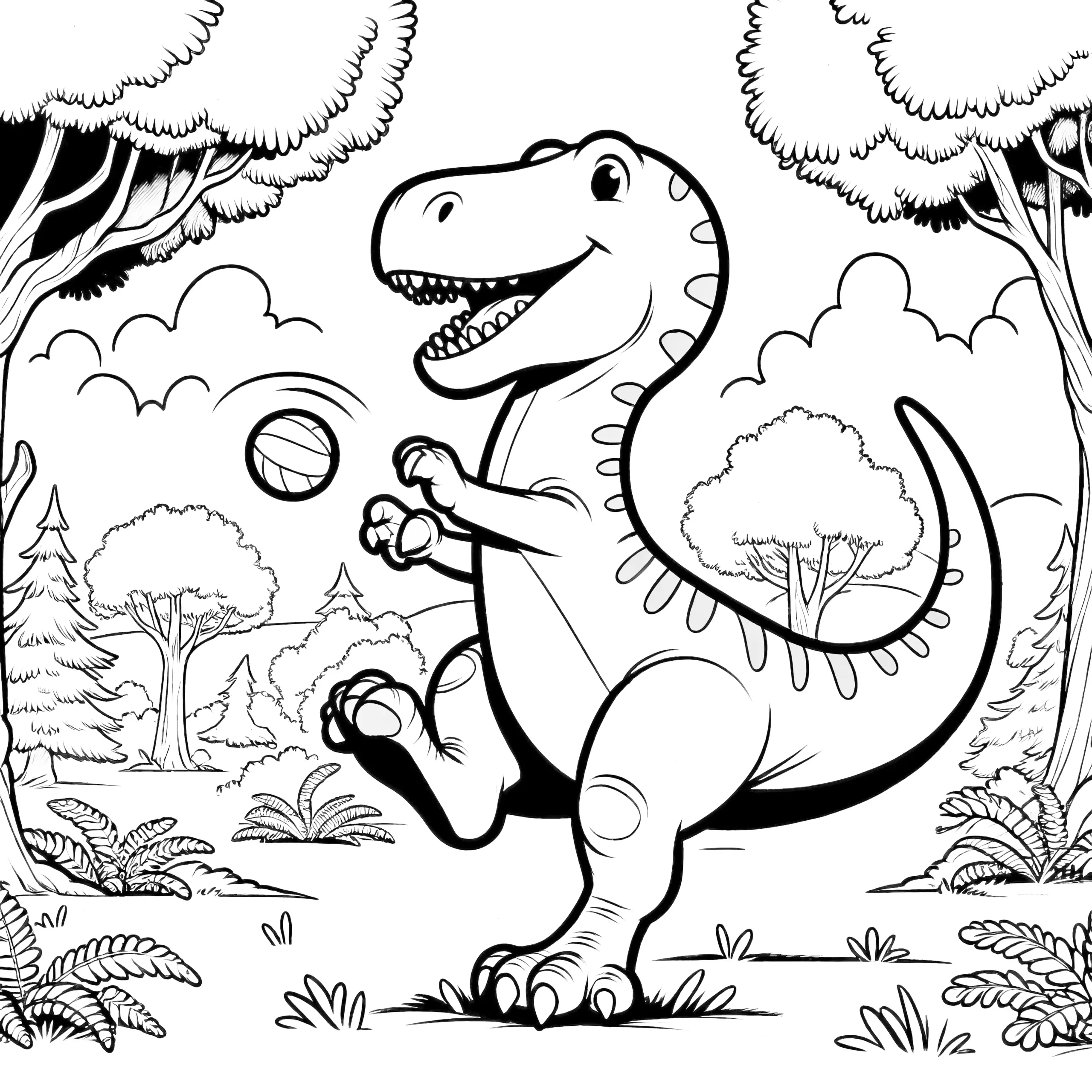 Fröhlicher Dinosaurier mit Ball beim Spielen in der Natur (Ausmalbild)