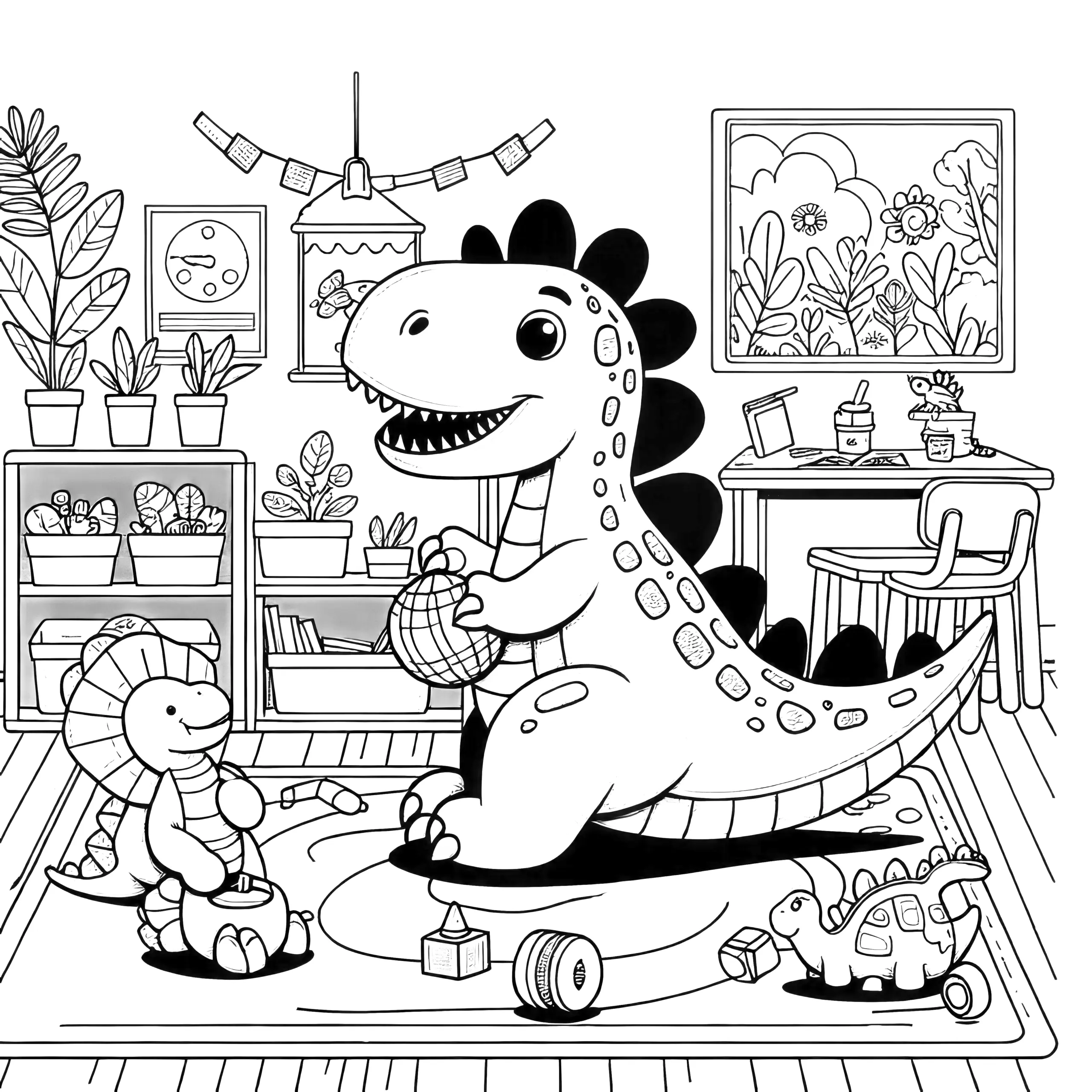 Süßer Dinosaurier-Junge beim Spielen im Kinderzimmer (Ausmalbild)