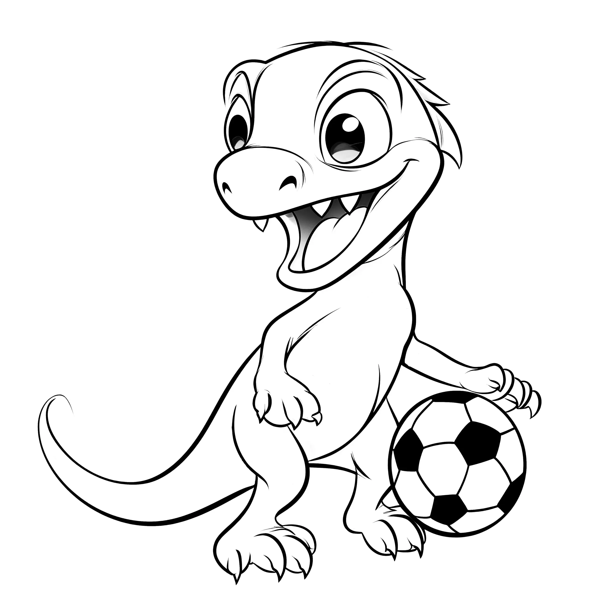 Lachender Dinosaurier beim Spielen mit einem Fußball (Ausmalbild)