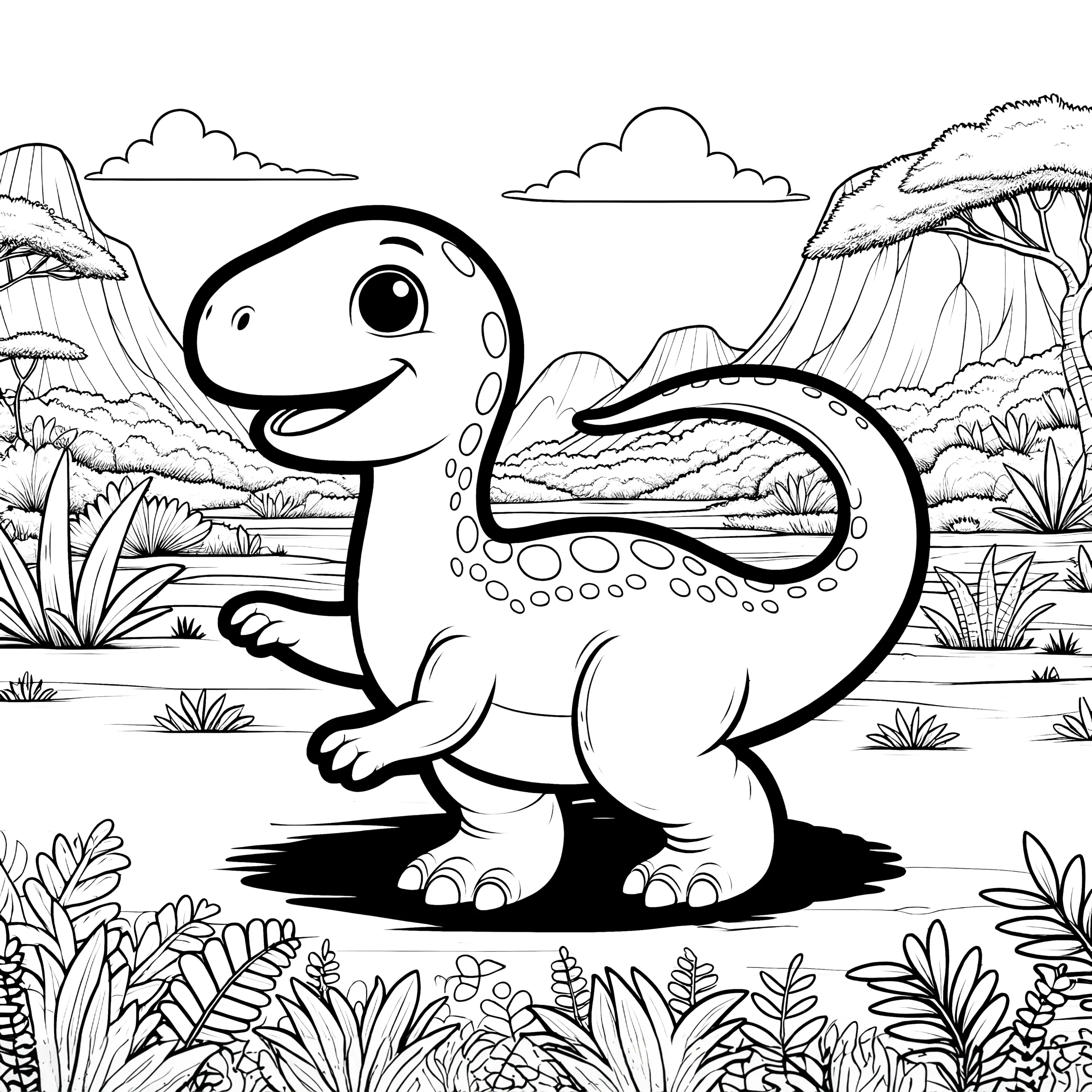 Fröhlicher Dinosaurier beim Tanzen im prähistorischen Dschungel (Gratis) (Ausmalbild)