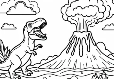 Dinosaurier brüllt neben Vulkan – Ausmalbild für Jungs ab sechs – Kostenlos