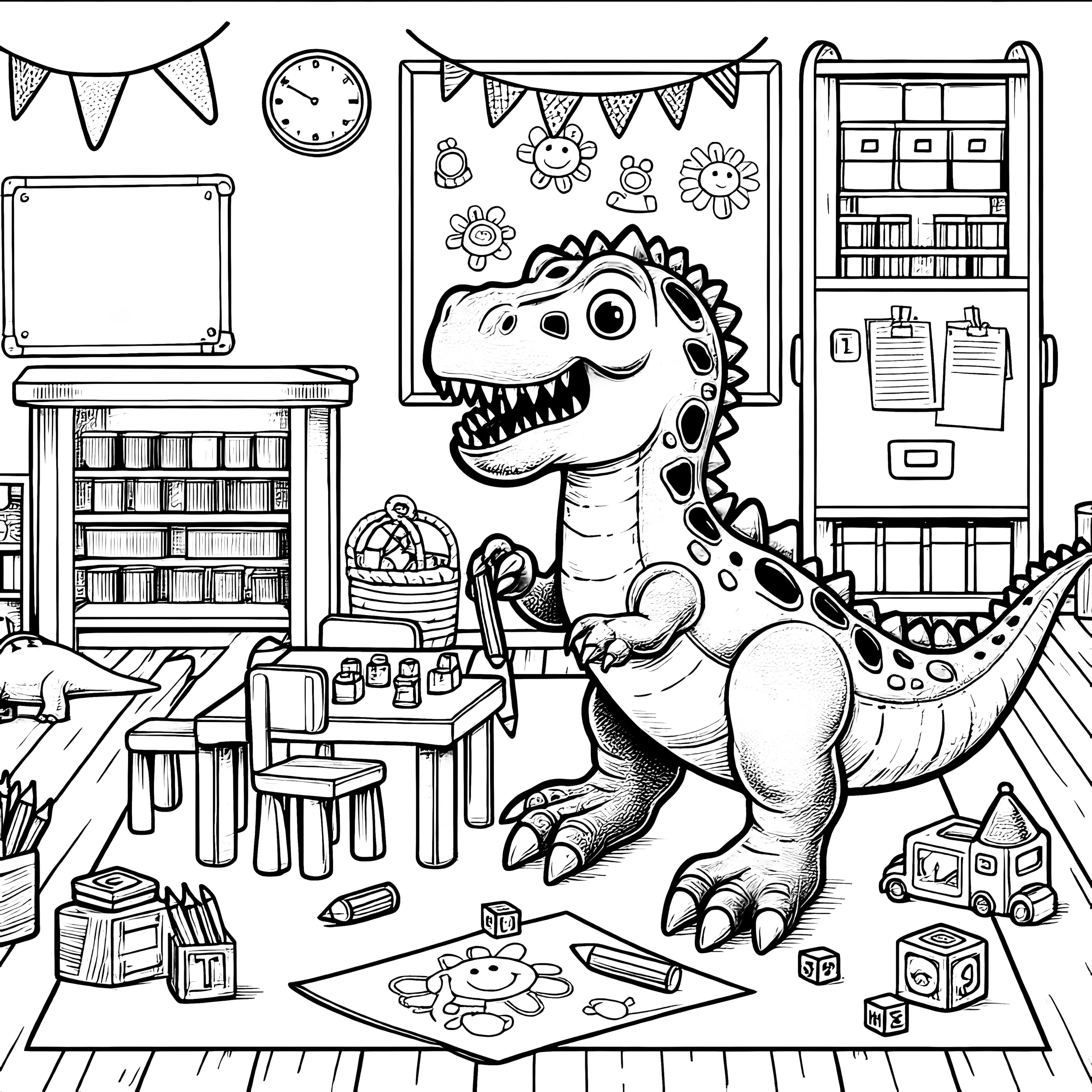 Kleiner T-Rex Dinosaurier beim Spielen im Klassenzimmer (Ausmalbild)