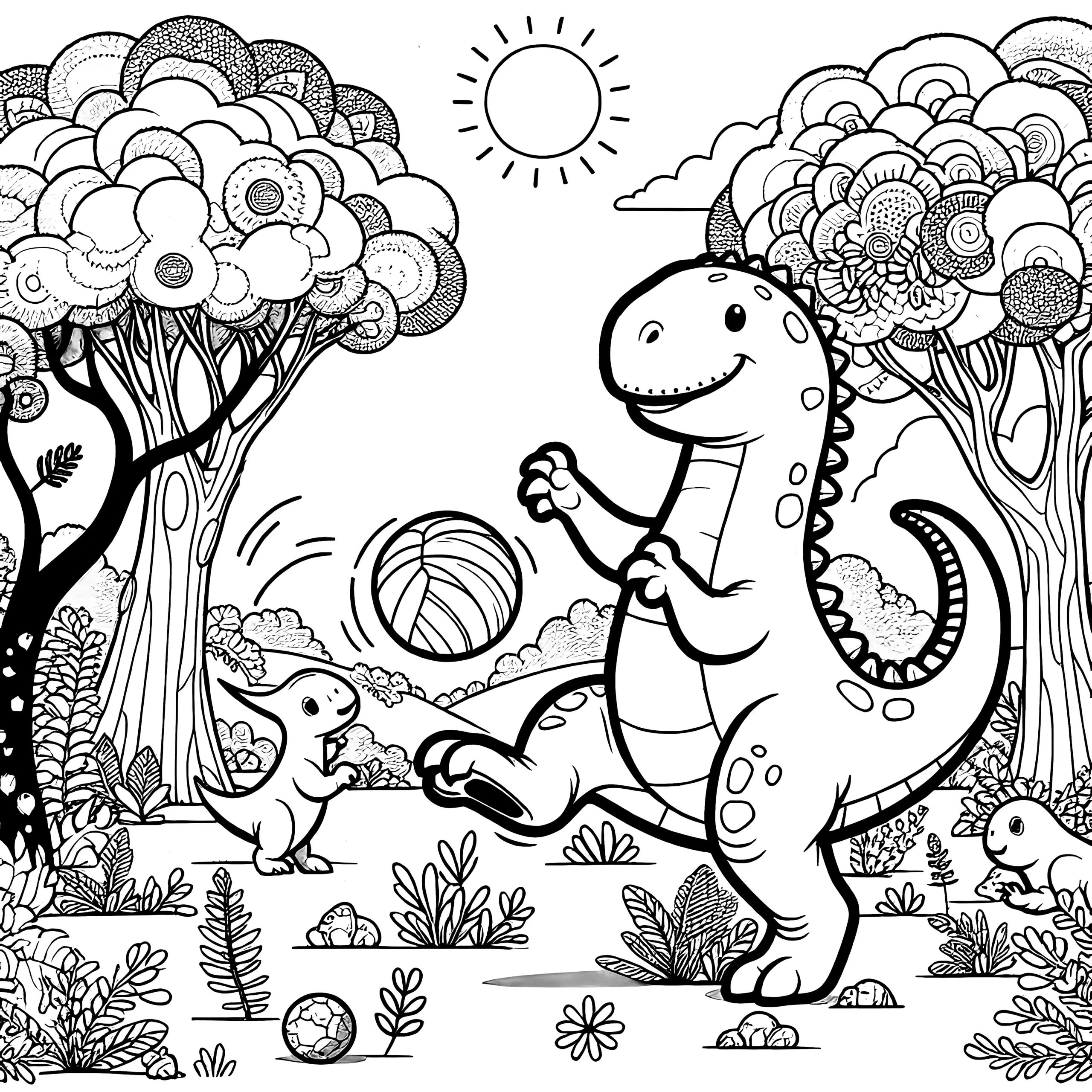 Zum Download: Zwei freundliche Dinosaurier im Wald mit Ballspiel (Ausmalbild)