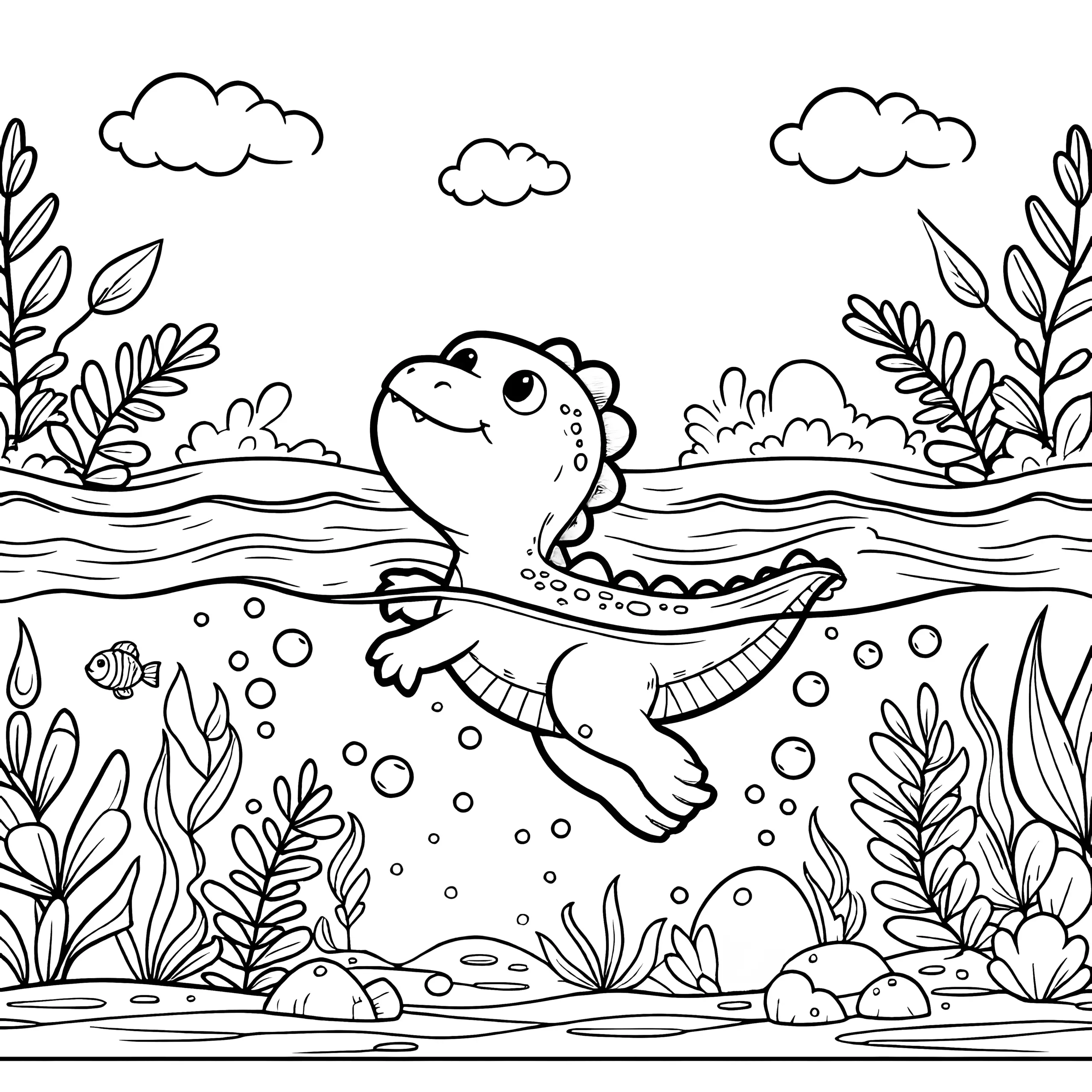 Baby-Dino im Wasser mit See & Fisch (Ausmalbild)