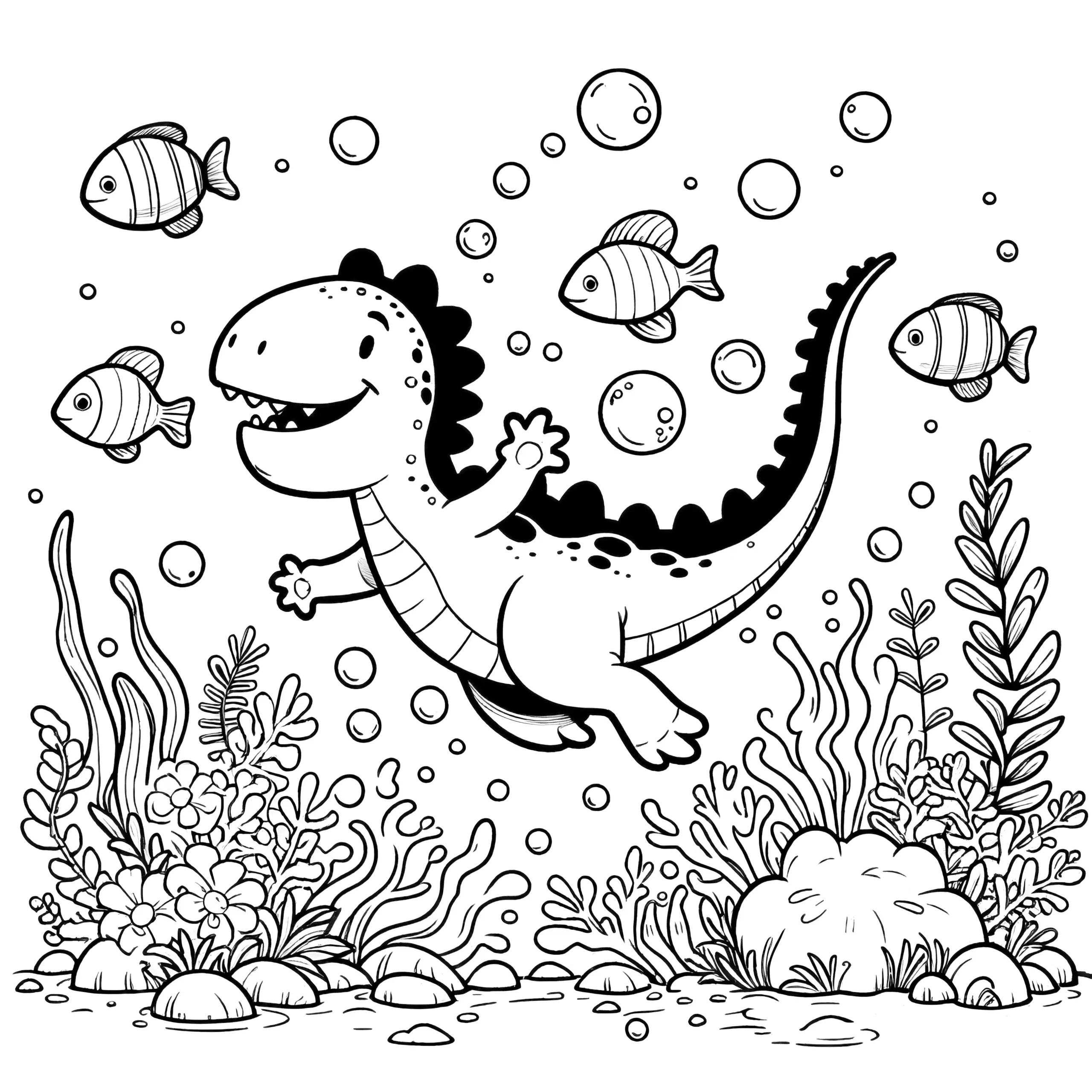 Ausmalbild: Dinosaurier im Wasser mit bunten Fischen