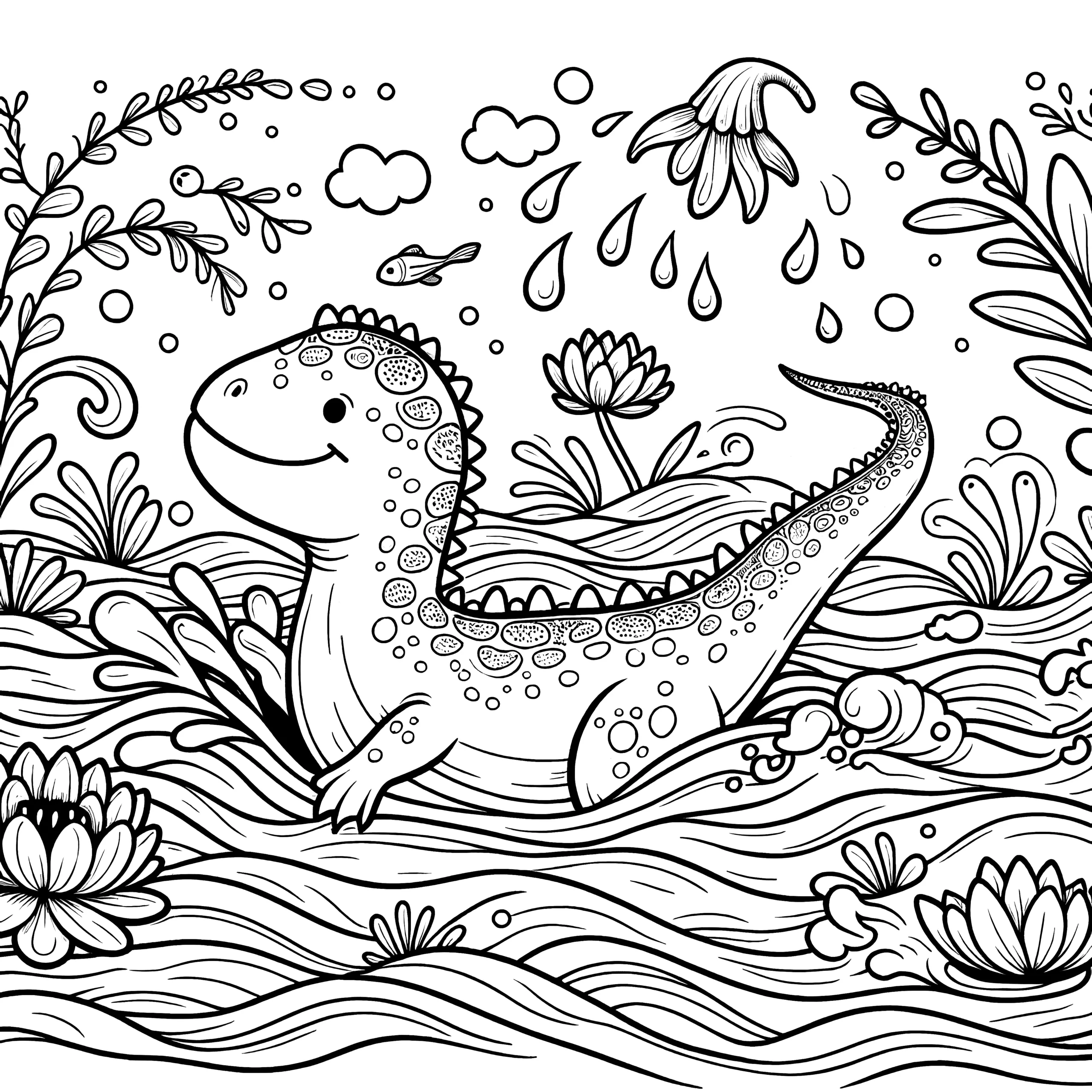 Dinosaurier planscht im See mit Seerosen (Malvorlage) (Ausmalbild)