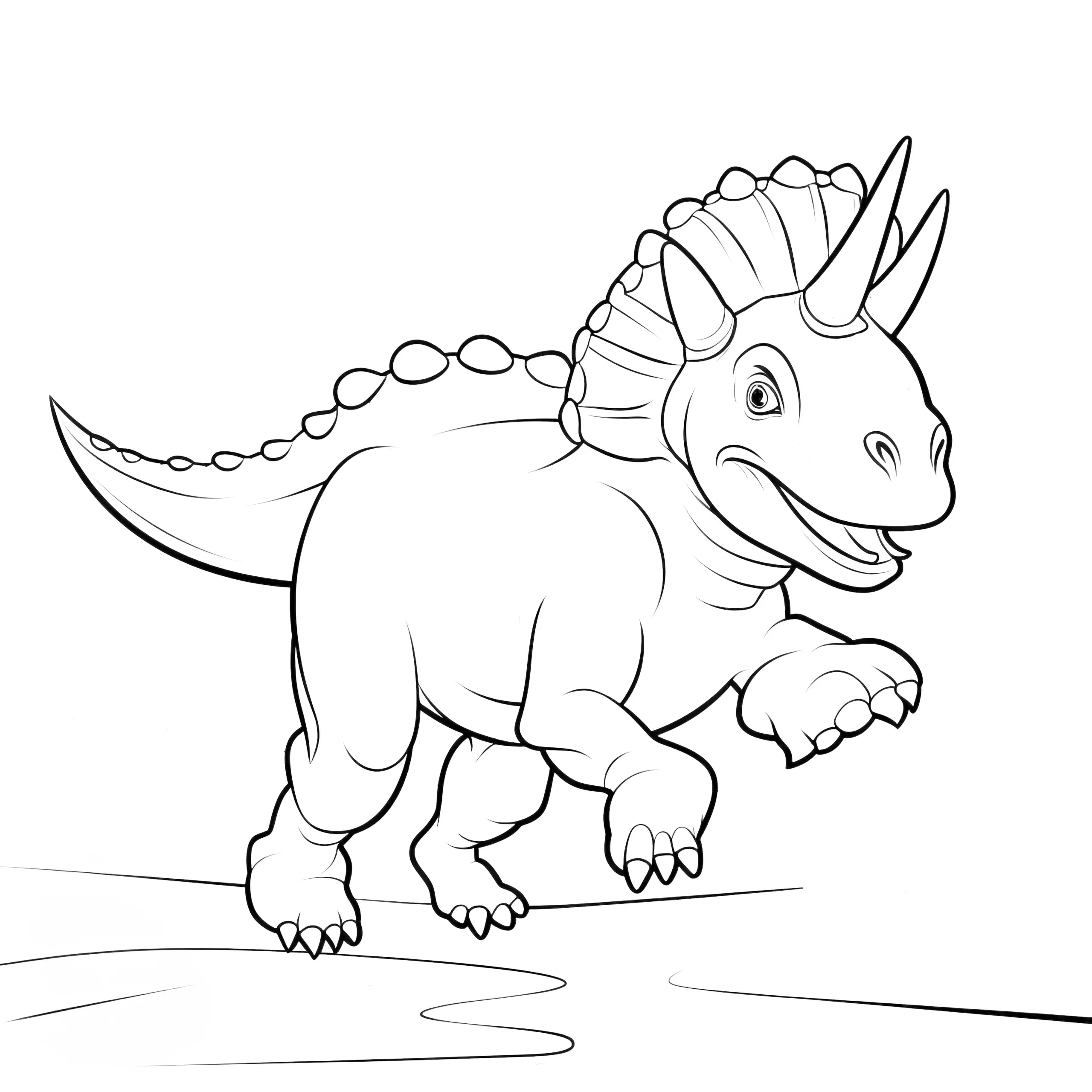 Springender Dinosaurier mit drei Hörnern und Nackenschild (Ausmalbild)