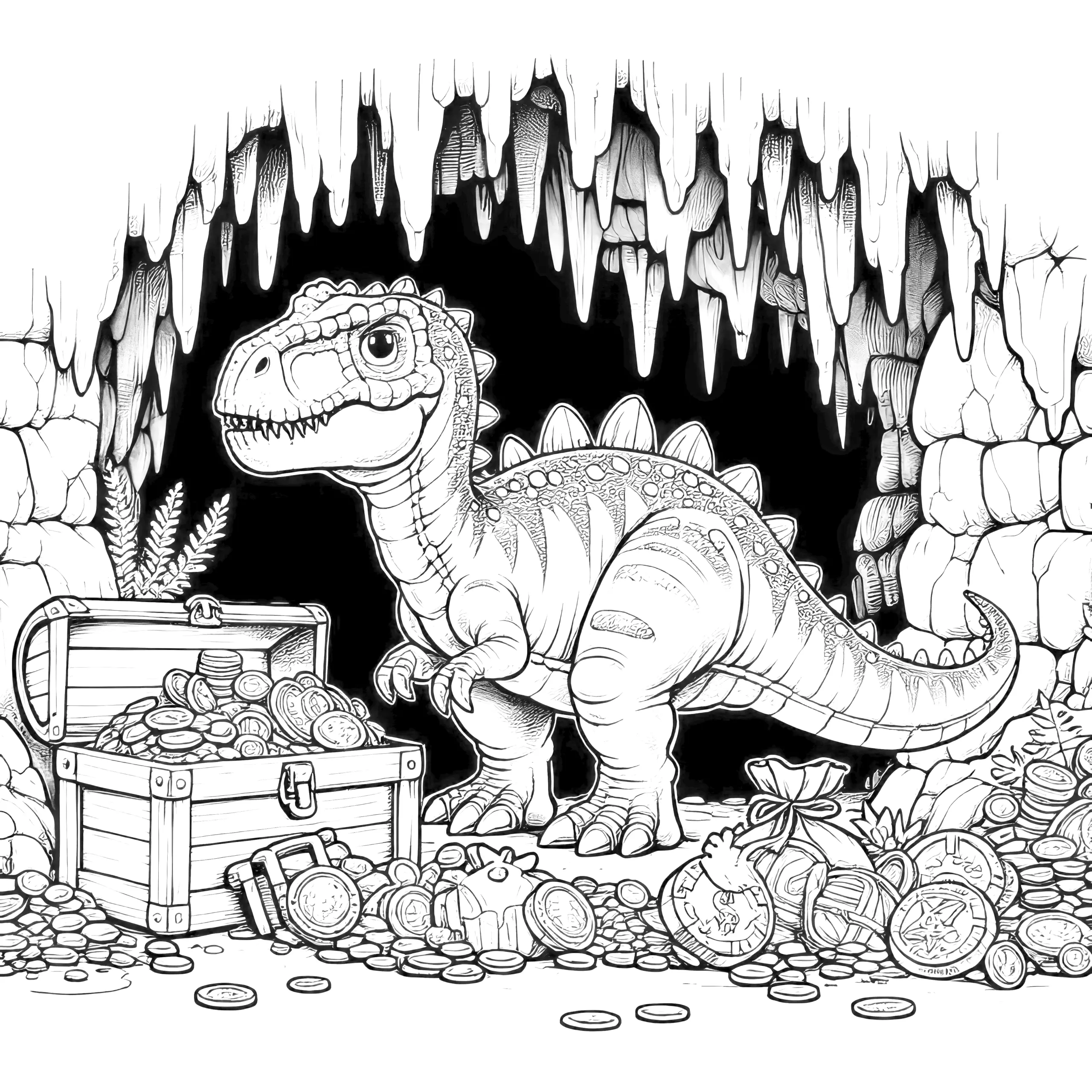 Dinosaurier in der Höhle mit Schatztruhe (Malvorlage) (Ausmalbild)