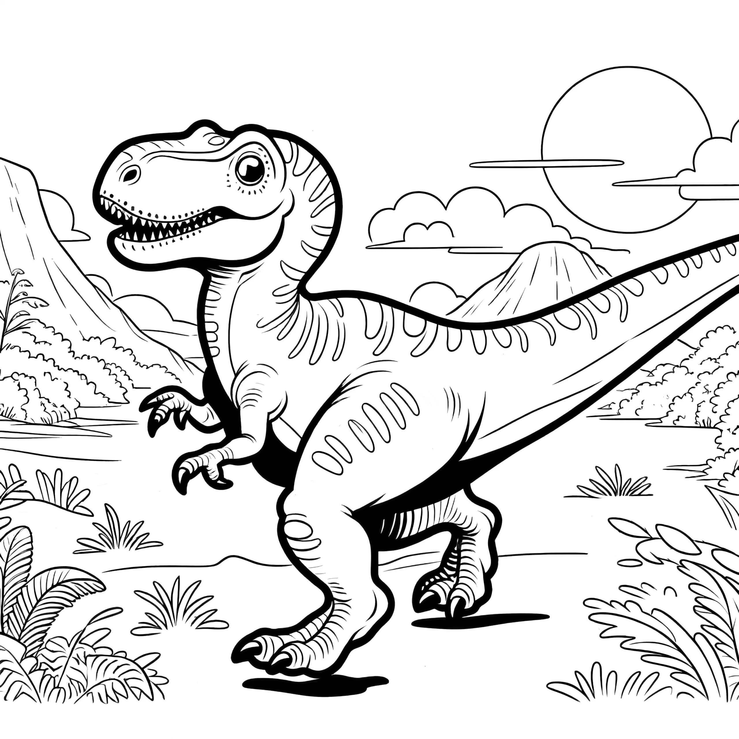 Ausmalbild: T-Rex Dinosaurier in der Urzeitlandschaft
