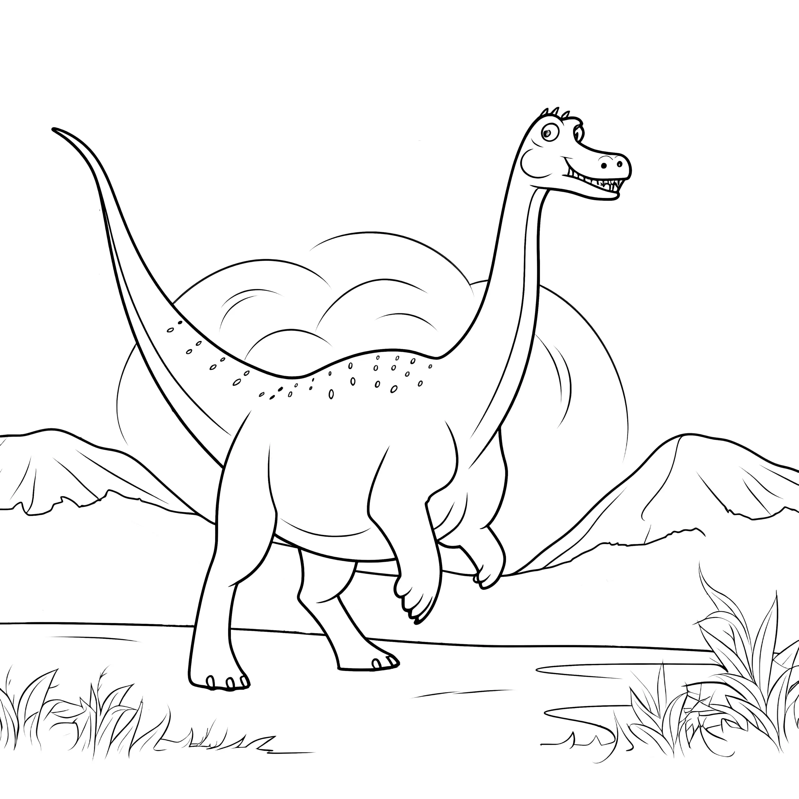Malvorlage: Lustiger Dinosaurier beim Laufen in einer Landschaft (Ausmalbild)