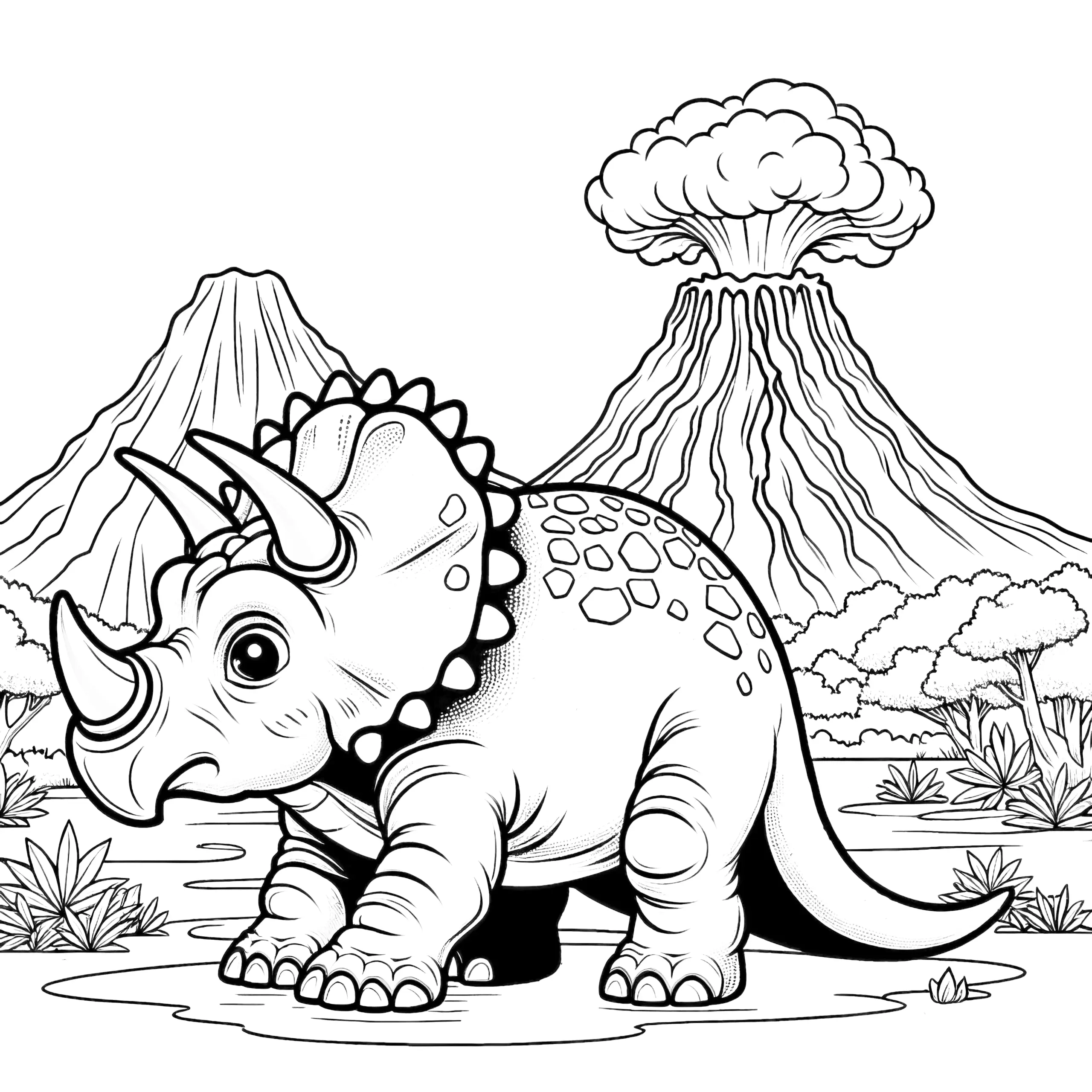 Zum Download: Triceratops mit Vulkanlandschaft (Ausmalbild)