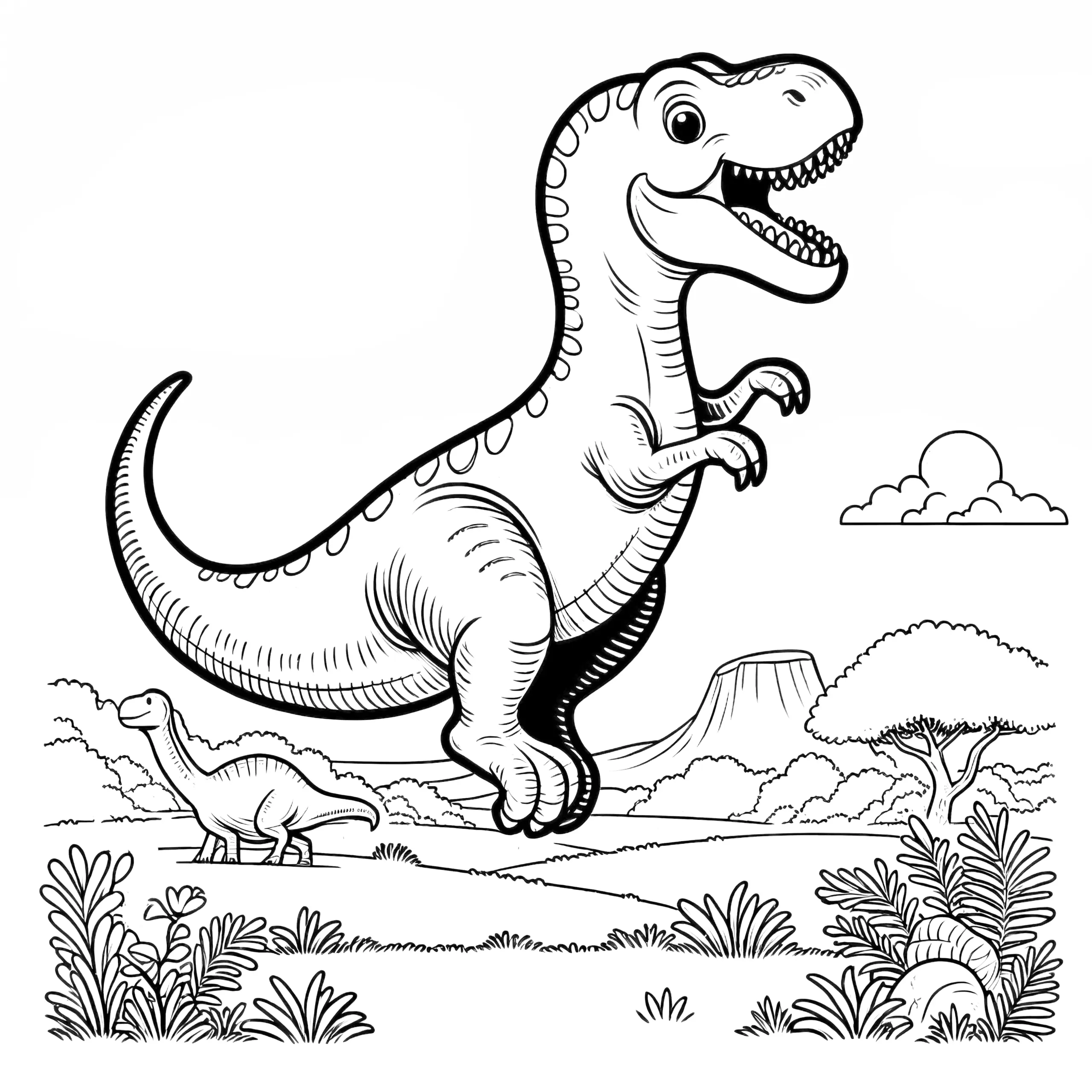 Kostenlos: Hüpfender Dinosaurier im prähistorischen Umfeld (Ausmalbild)