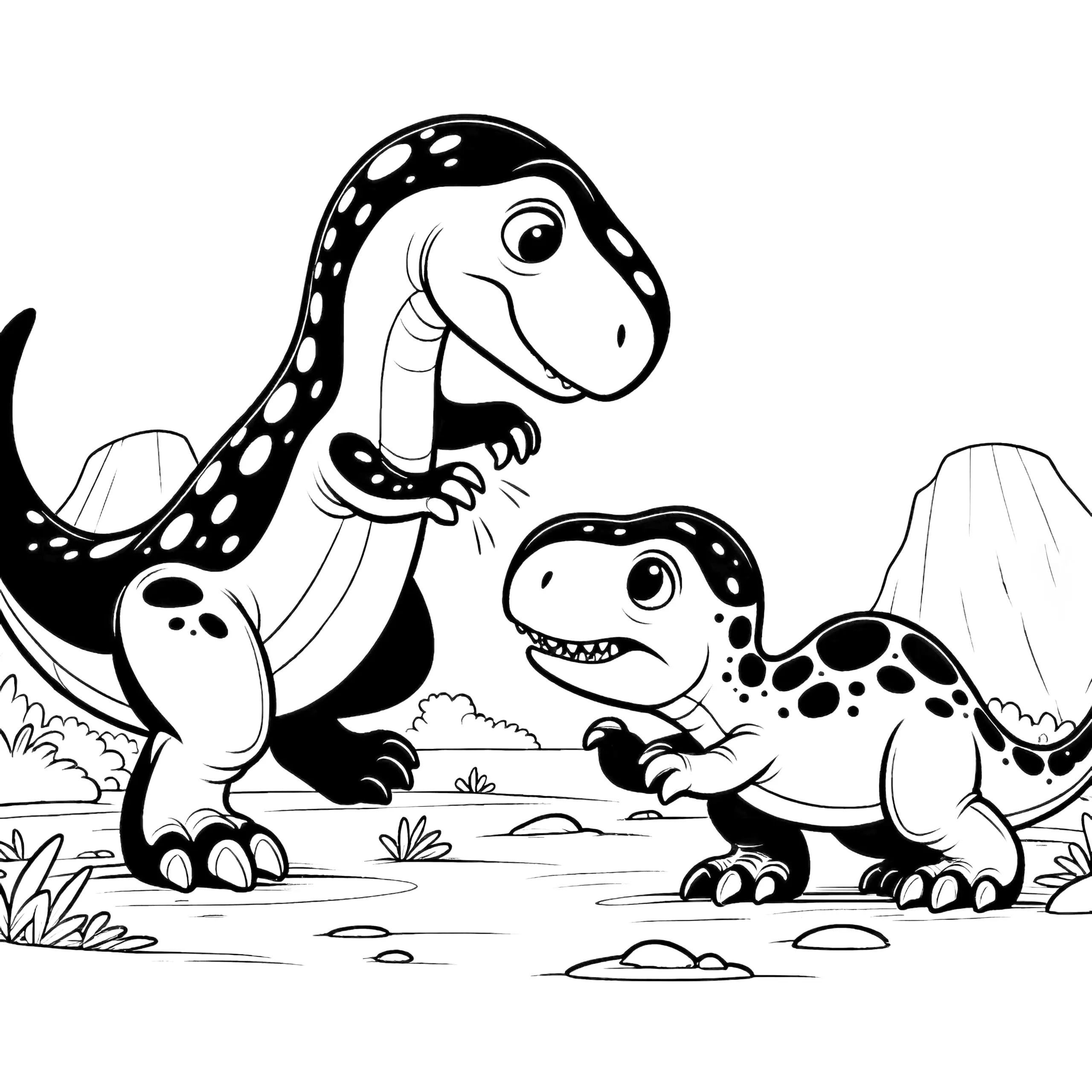 Zwei Dinos kämpfen in der Natur: Bild zum Ausmalen (Ausmalbild)