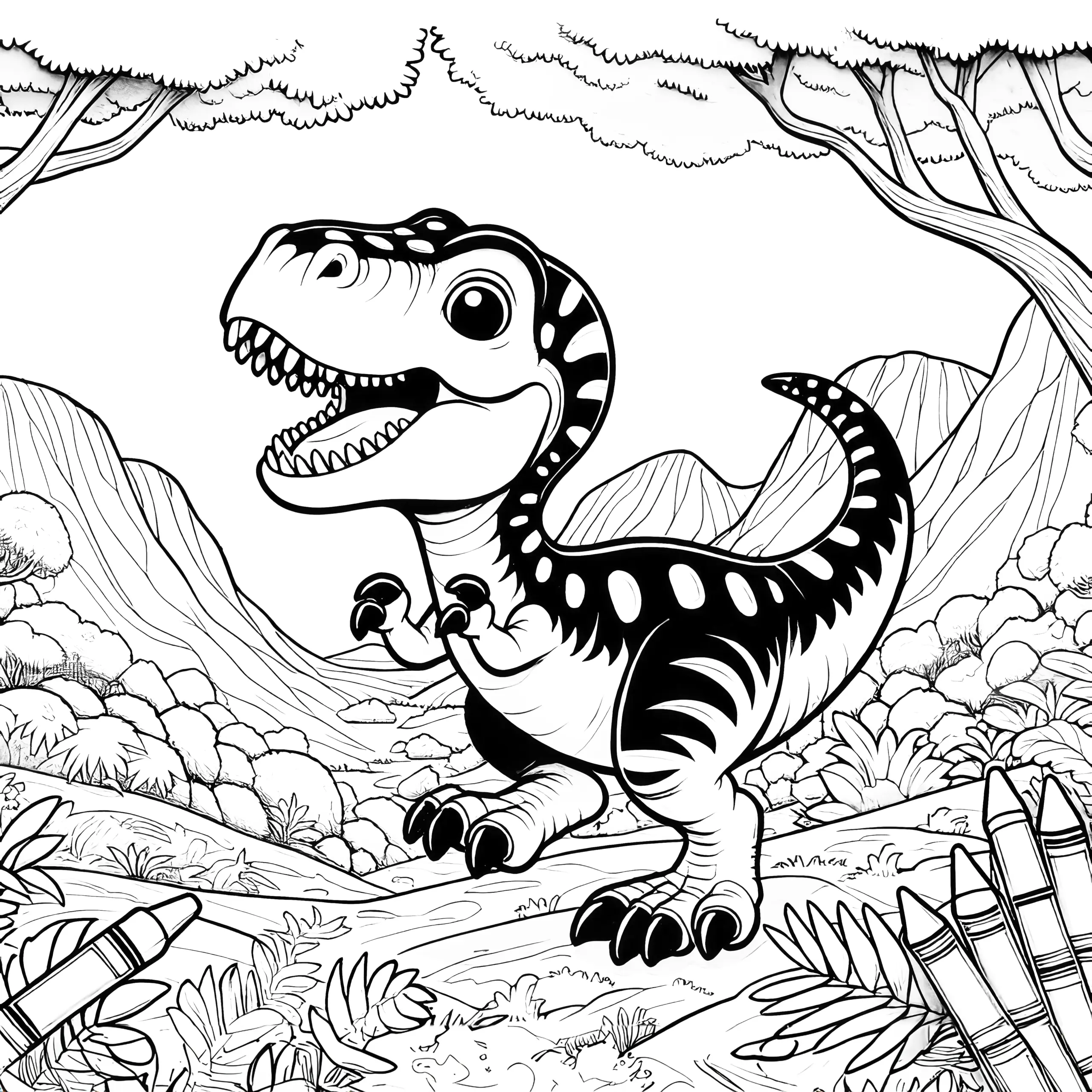 Freundlicher Dinosaurier vor Berglandschaft: Malspaß für Kids (Ausmalbild)