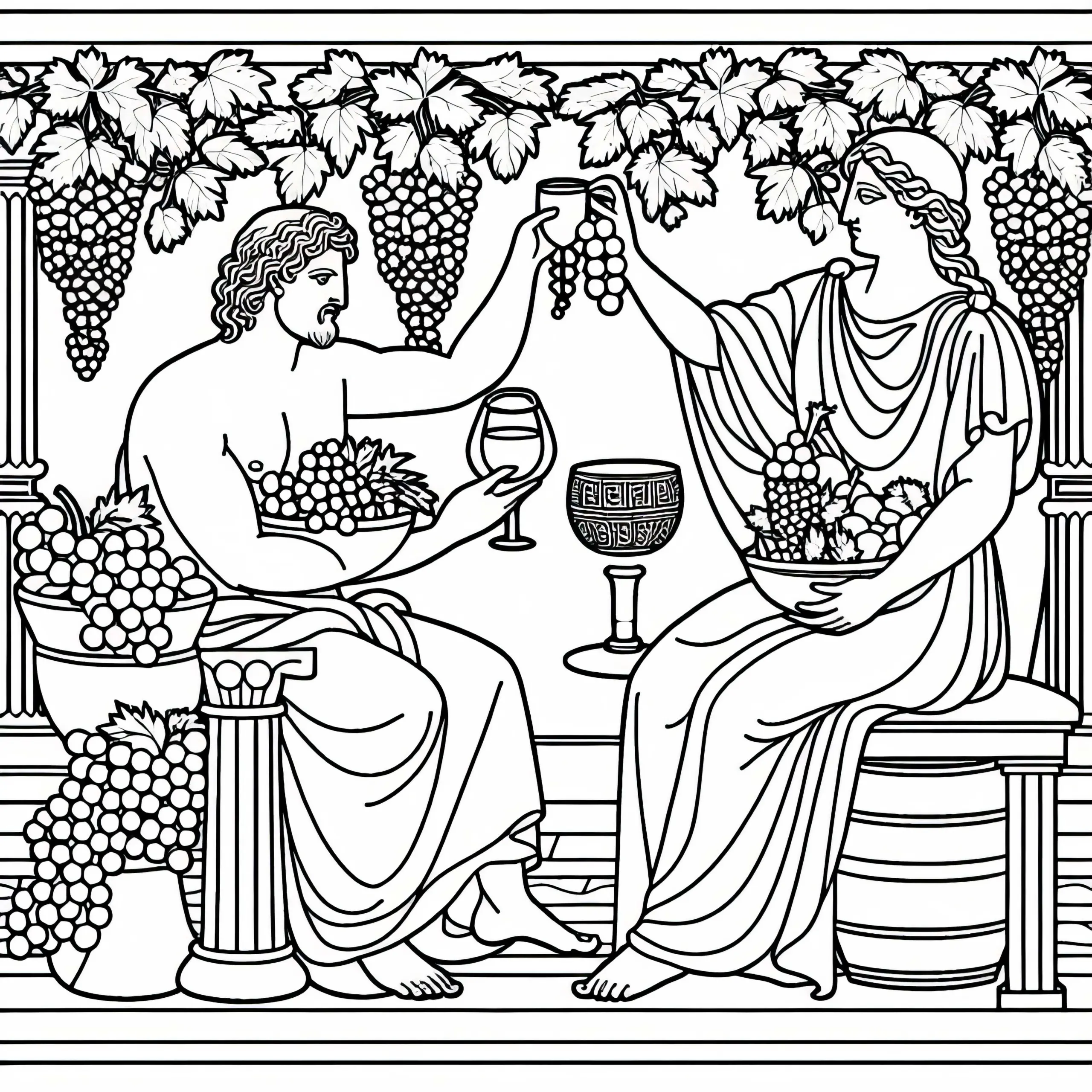 Dionysos mit Weintrauben und Becher – Malvorlage zur griechischen Mythologie (Ausmalbild)