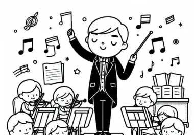 Dirigent dirigiert Orchester mit Taktstock – Ausmalbild gratis