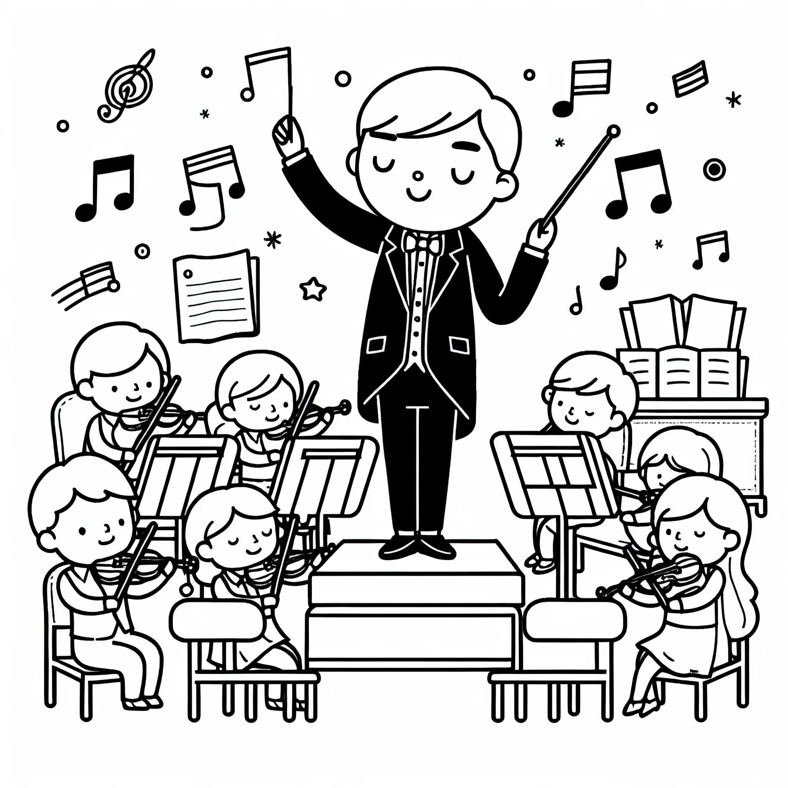 Dirigent dirigiert Orchester mit Taktstock – Ausmalbild gratis