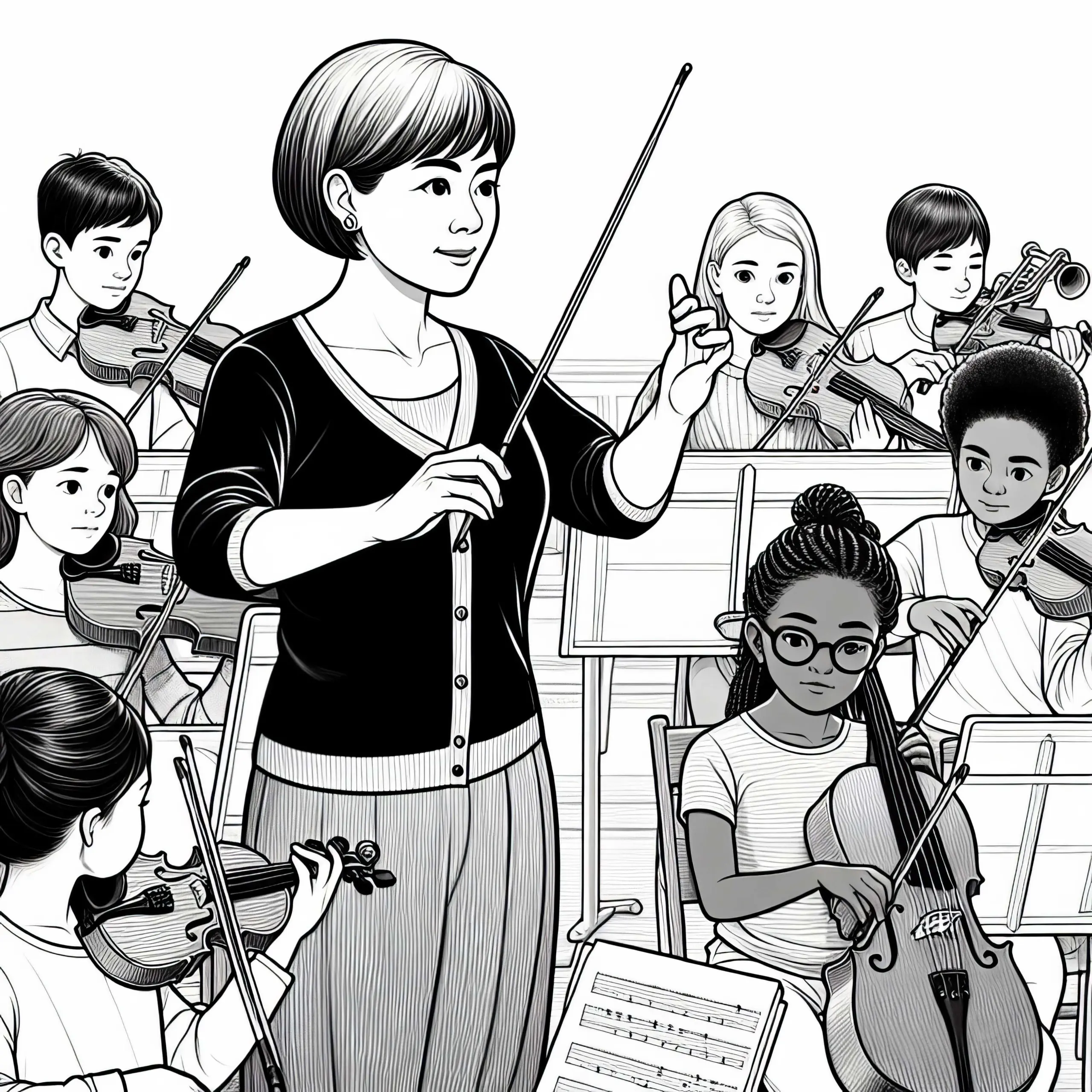 Dirigentin bei Meisterkurs für junge Musiker – Malvorlage gratis (Ausmalbild)