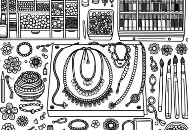 DIY Schmuckwerkstatt mit Ketten und Perlen – Ausmalbild für Mädchen ab neun, gratis