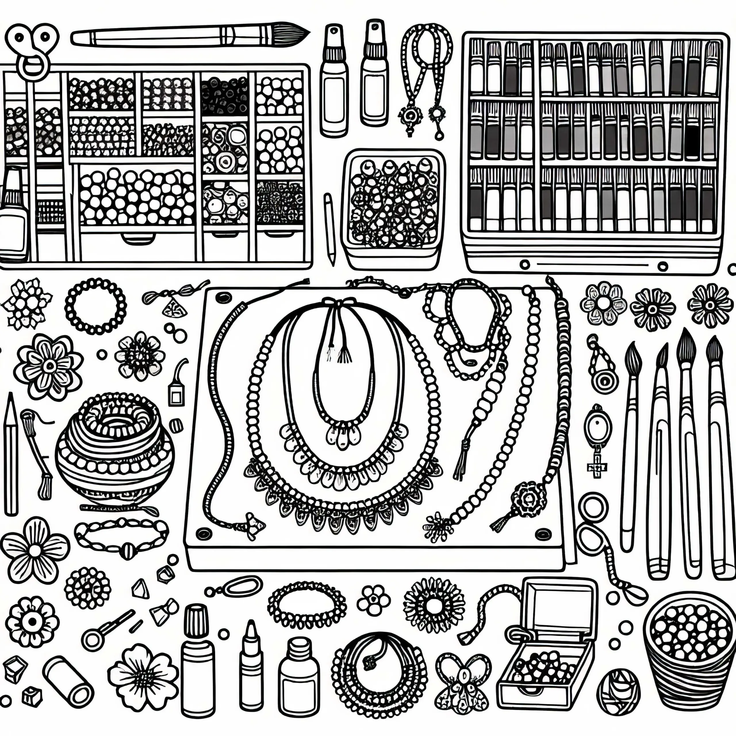 DIY Schmuckwerkstatt mit Ketten und Perlen – Ausmalbild für Mädchen ab neun, gratis