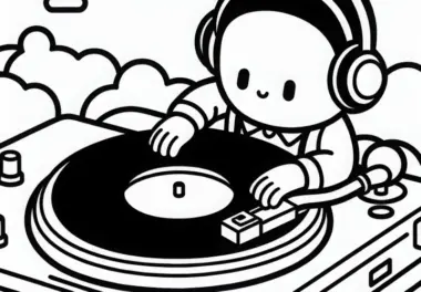 DJ legt Vinylplatte auf Turntable – Malvorlage einfach gratis