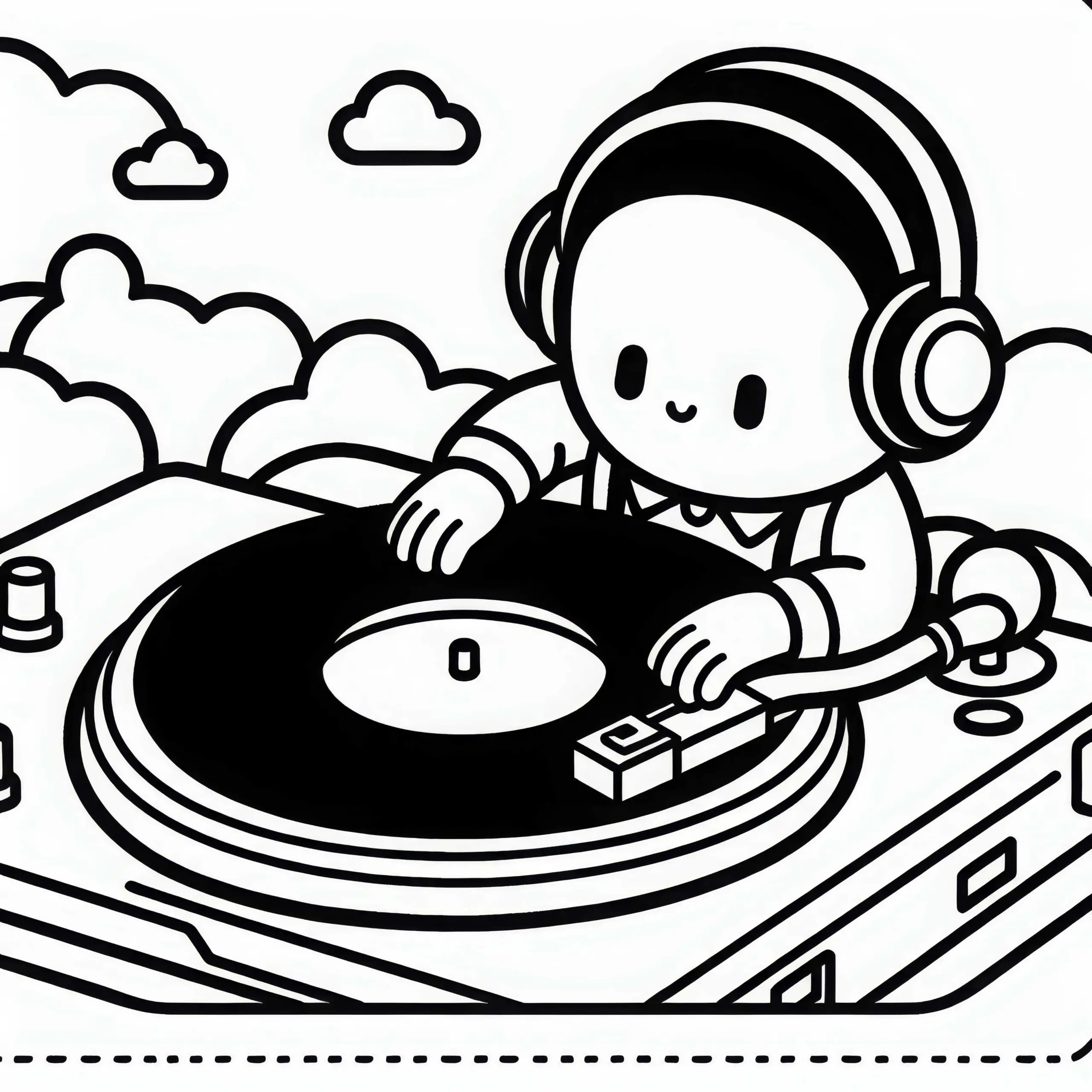 DJ legt Vinylplatte auf Turntable – Malvorlage einfach gratis (Ausmalbild)
