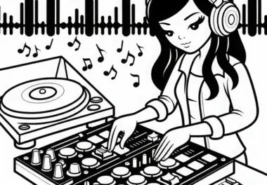 DJane synchronisiert Beats auf Mischpult – Malvorlage gratis