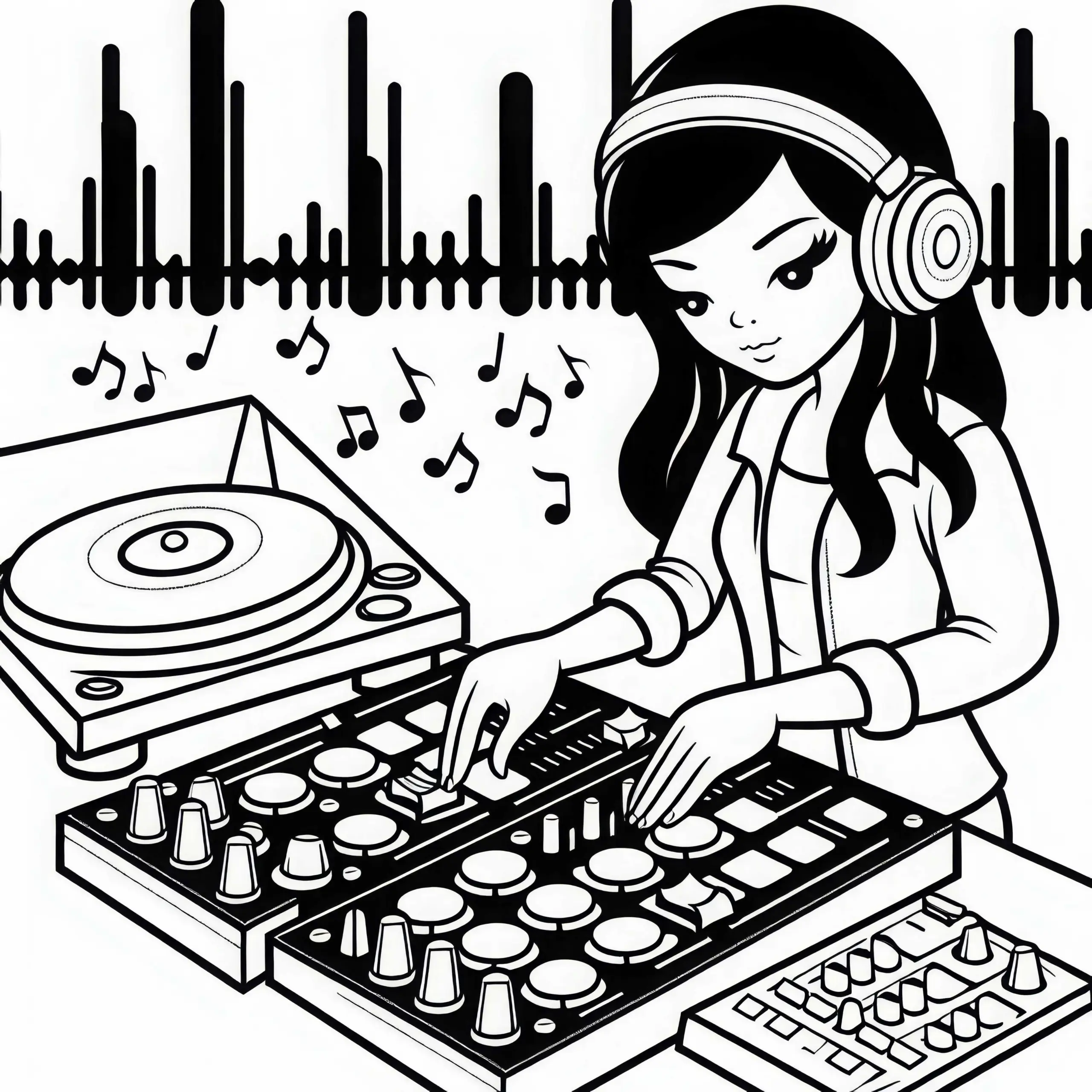 DJane synchronisiert Beats auf Mischpult – Malvorlage gratis (Ausmalbild)