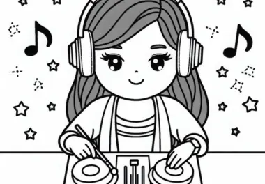 DJane mit Kopfhörern hört den nächsten Song – Ausmalbild kostenlos